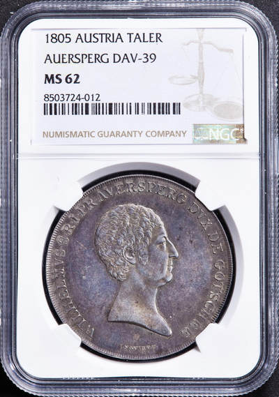 【俄甄集藏】“万象更新、马呈祥瑞”迎新春俄甄精品场-2026年(047)01-21 星期三 晚 19:30 全场包邮 - 神圣罗马帝国-奥地利1805年威廉一世·冯·奥尔斯佩格伯爵家族纹章1泰勒纪念大银币，NGC MS62，独年版，紫罗兰酱彩老包浆，底板凝霜，稀有品种，季军