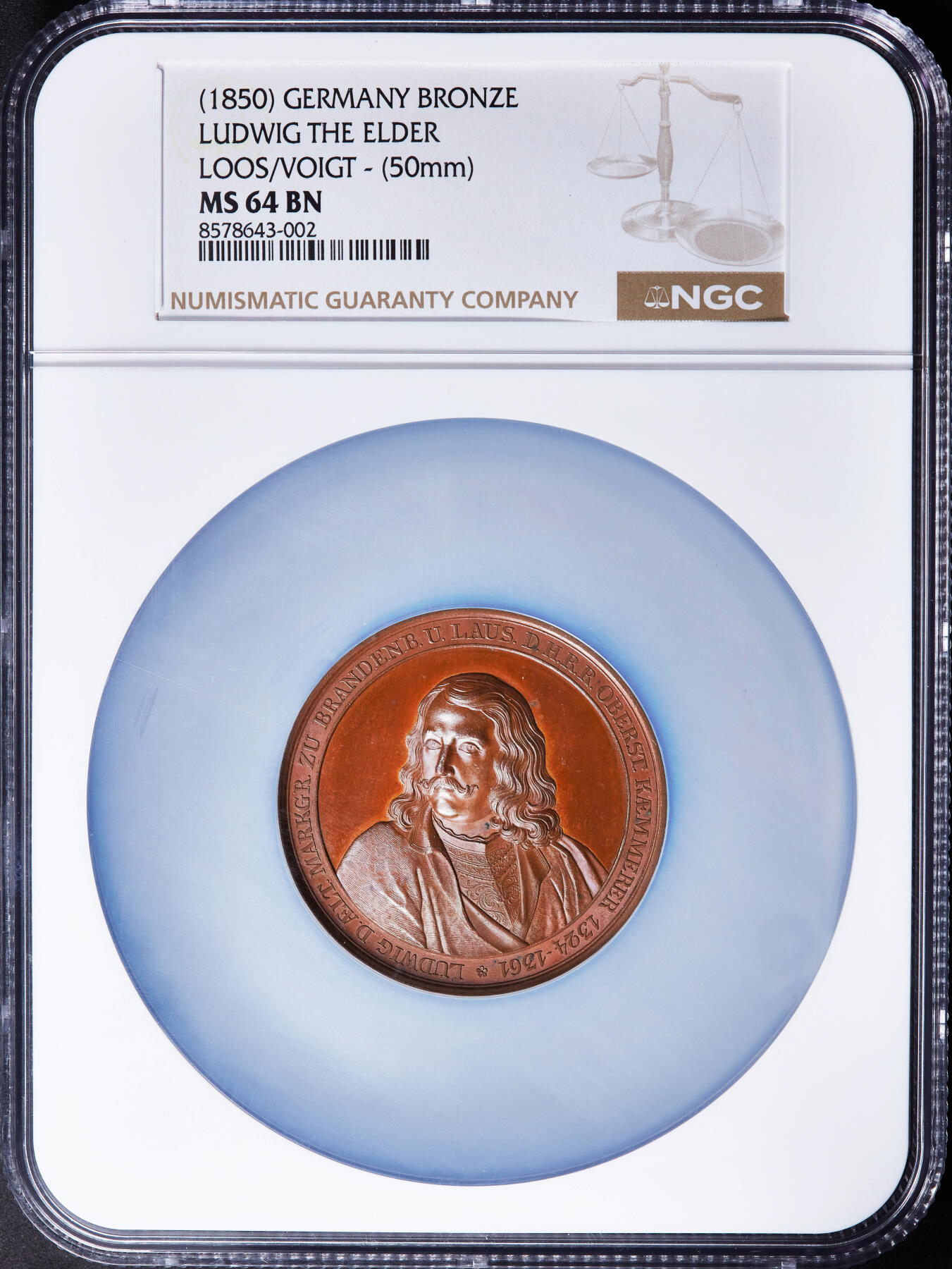 【俄甄集藏】“万象更新、马呈祥瑞”迎新春俄甄精品场-2026年(047)01-21 星期三 晚 19:30 全场包邮 德国1850年历史人物系列-勃兰登堡-拜罗伊姆边区伯爵路德维希·勃兰登堡大铜章，NGC MS64，高浮雕，巧克力包浆，顶级状态，名家Loos作品，类精制底板