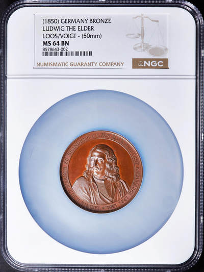 【俄甄集藏】“万象更新、马呈祥瑞”迎新春俄甄精品场-2026年(047)01-21 星期三 晚 19:30 全场包邮 - 德国1850年历史人物系列-勃兰登堡-拜罗伊姆边区伯爵路德维希·勃兰登堡大铜章，NGC MS64，高浮雕，巧克力包浆，顶级状态，名家Loos作品，类精制底板