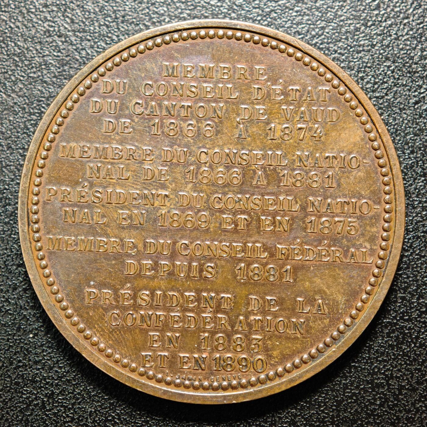 【德藏】世界币章拍卖第162期（拍品征集中~欢迎藏友联系） 1893年 瑞士政治家路易·吕绍内纪念铜章 直径约：45.3mm；重约：40g