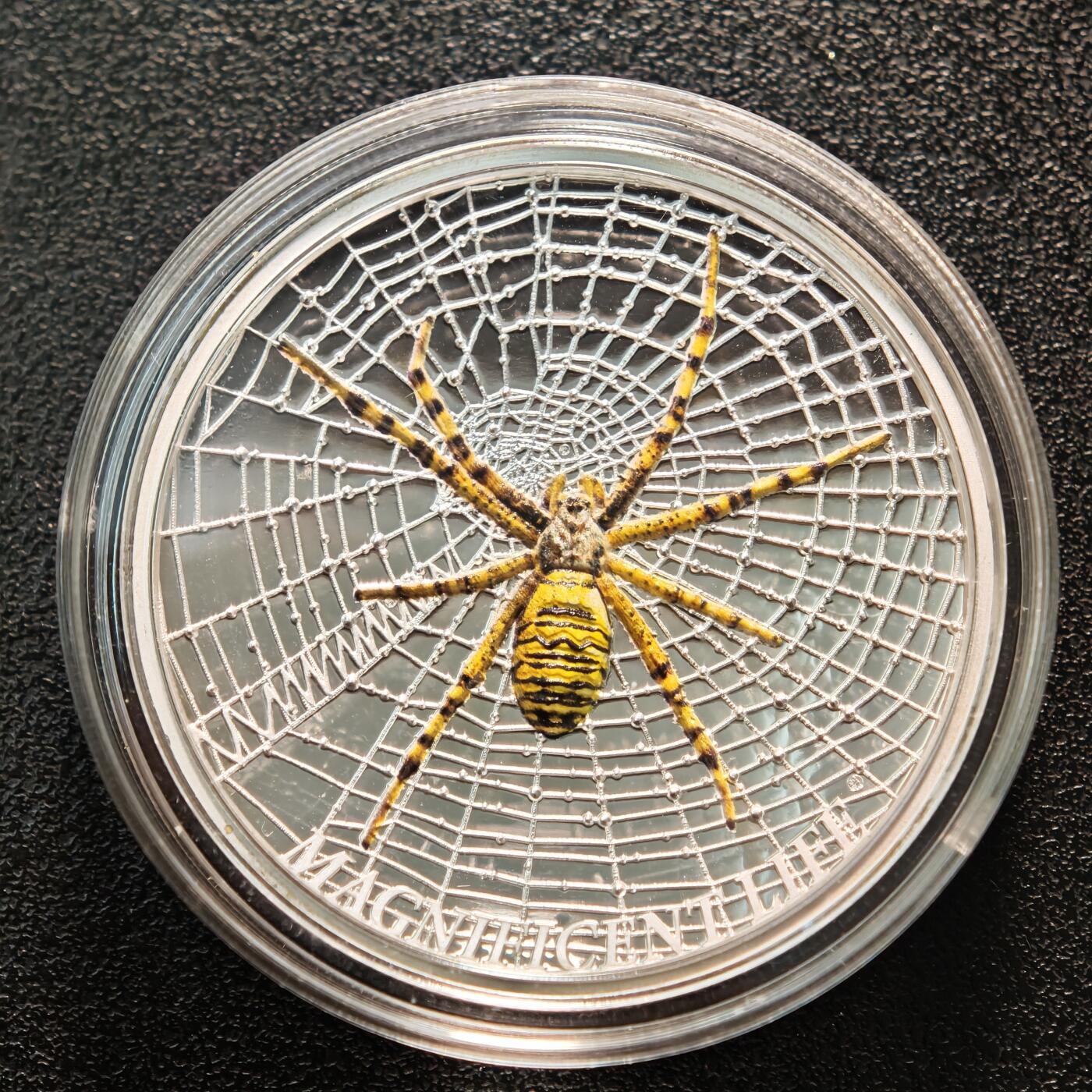 【德藏】世界币章拍卖第162期（拍品征集中~欢迎藏友联系） 2016年 库克黄蜂蜘蛛彩色高浮雕弧形纪念银币 原盒 原证书 38.61mm 1盎司 999银