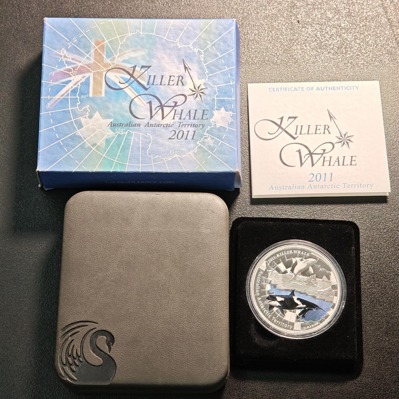【德藏】世界币章拍卖第162期（拍品征集中~欢迎藏友联系） 2011年 澳大利亚极地系列-虎鲸彩色精制纪念银币 直径约：40.6mm；重约：31.135g 999银 原盒 原证书