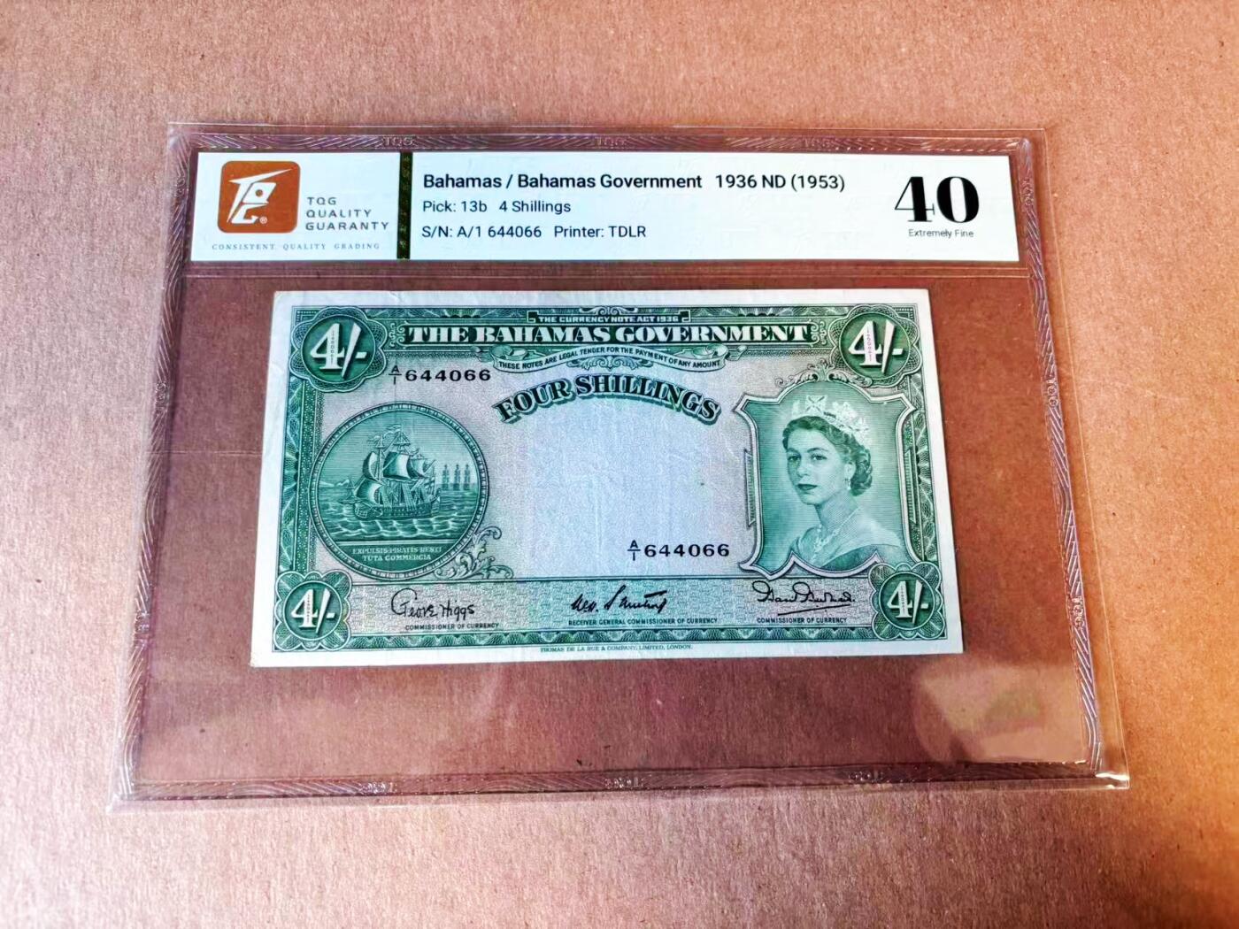 【Blue Auction】世界纸币精拍第776期——18级TOP拍卖/信誉/品质/专业/高效💫 【A/1冠 b版】巴哈马 1953年4先令 大冠女王 TQG40