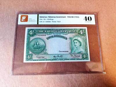 【Blue Auction】世界纸币精拍第776期——18级TOP拍卖/信誉/品质/专业/高效💫 - 【A/1冠 b版】巴哈马 1953年4先令 大冠女王 TQG40