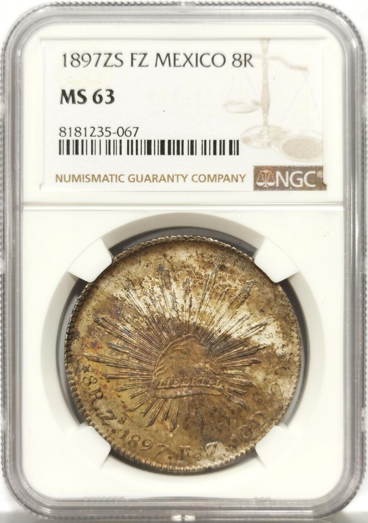博洋堂世界钱币拍卖第158期（全场包邮） NGC MS63 墨西哥1897年ZS FZ版花边鹰洋，关门年份，原味窖藏包浆，目前价值洼地