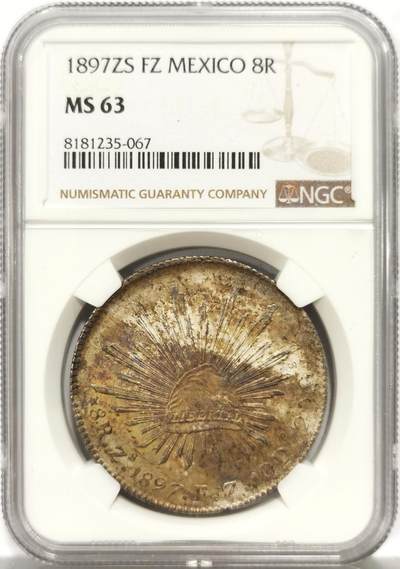 博洋堂世界钱币拍卖第158期（全场包邮） - NGC MS63 墨西哥1897年ZS FZ版花边鹰洋，关门年份，原味窖藏包浆，目前价值洼地