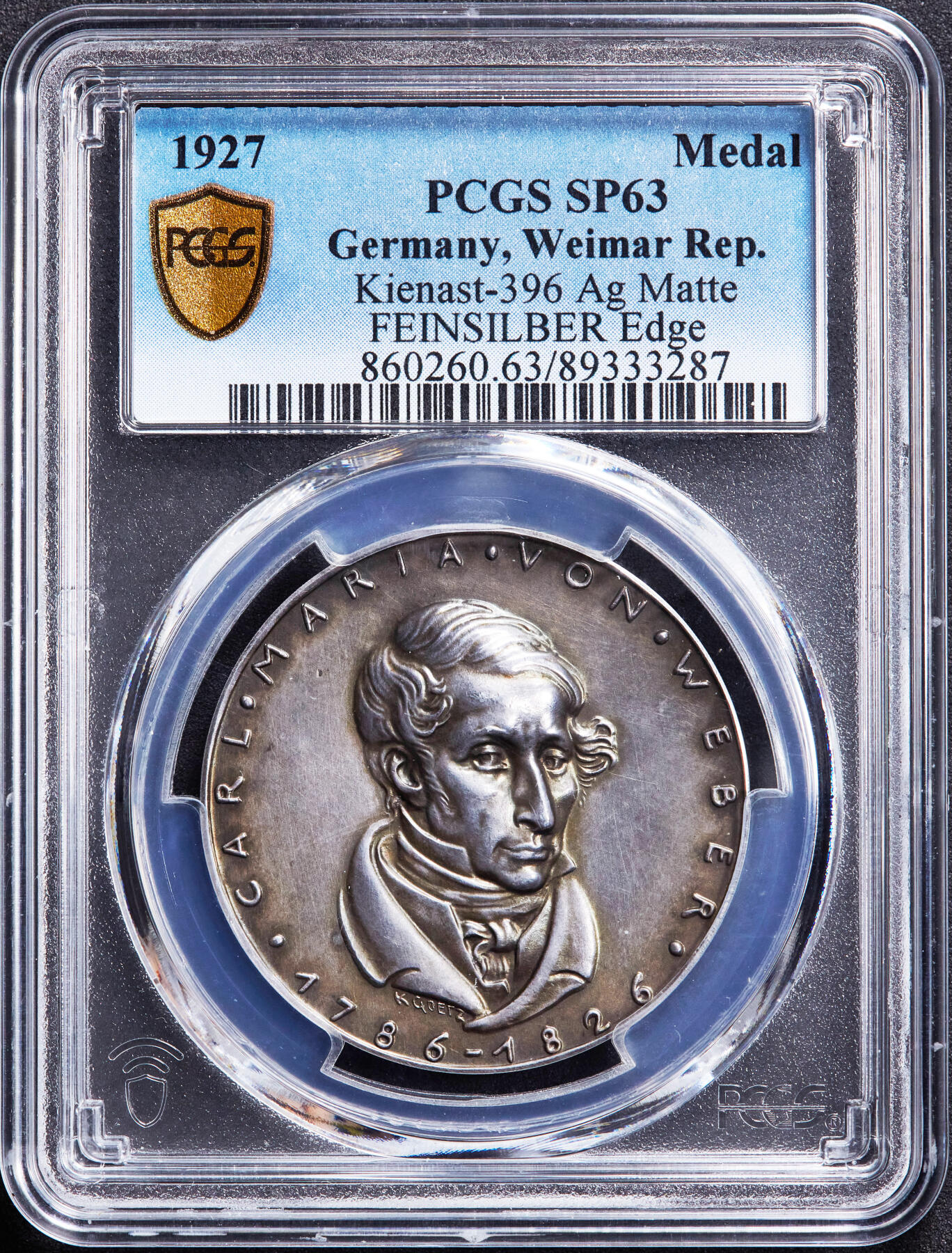 【俄甄集藏】“万象更新、马呈祥瑞”迎新春俄甄精品场-2026年(047)01-21 星期三 晚 19:30 全场包邮 德国魏玛1927年音乐家韦伯逝世百年暨瓦特堡五月古典音乐节纪念银章，PCGS SP63，冠军，黄油酱彩包浆，稀有品种