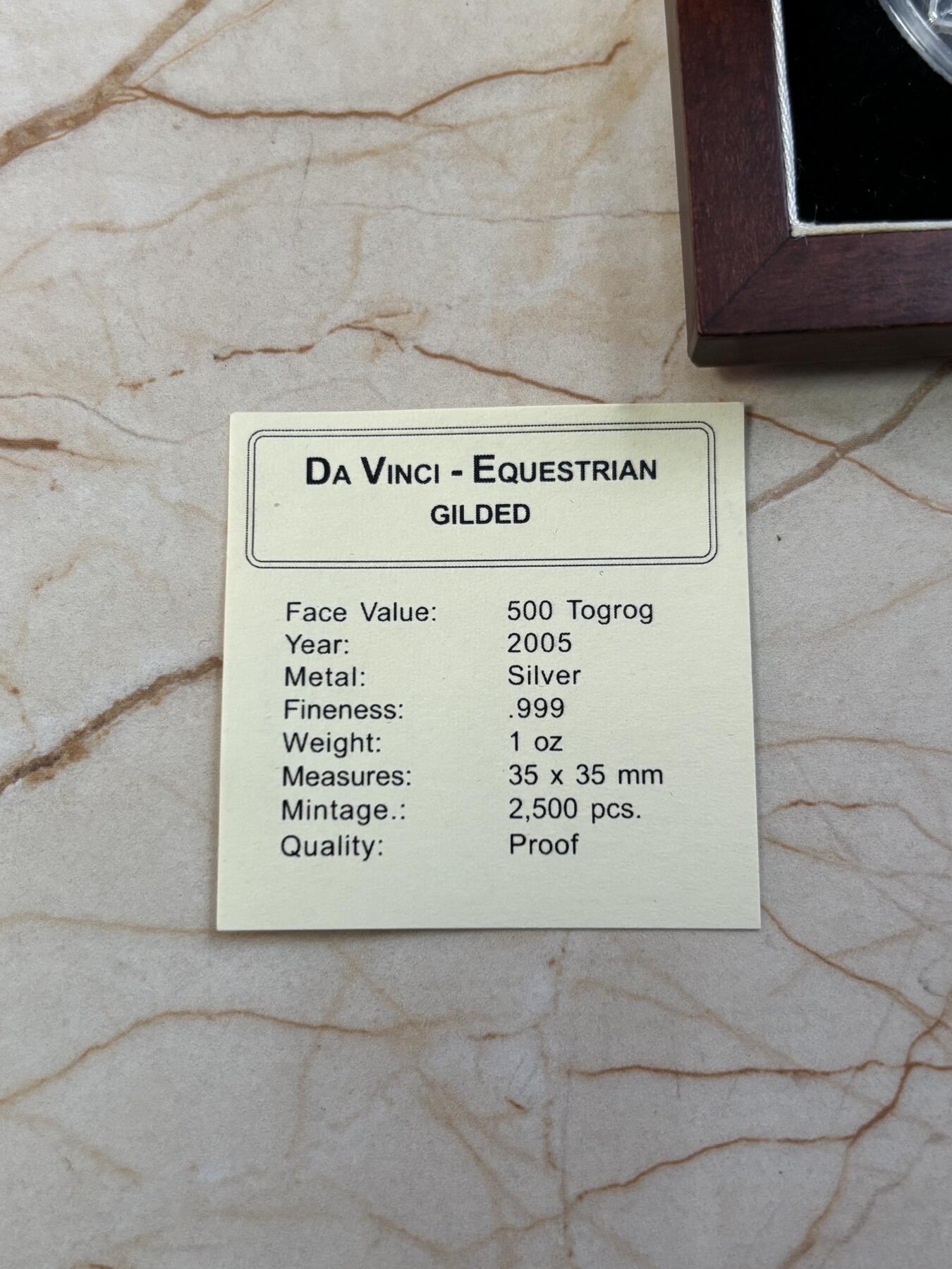第188期拍卖 蒙古2005年达芬奇名作古代骑士镀金菱形纪念银币，1盎司999银，发行2500枚，有氧化