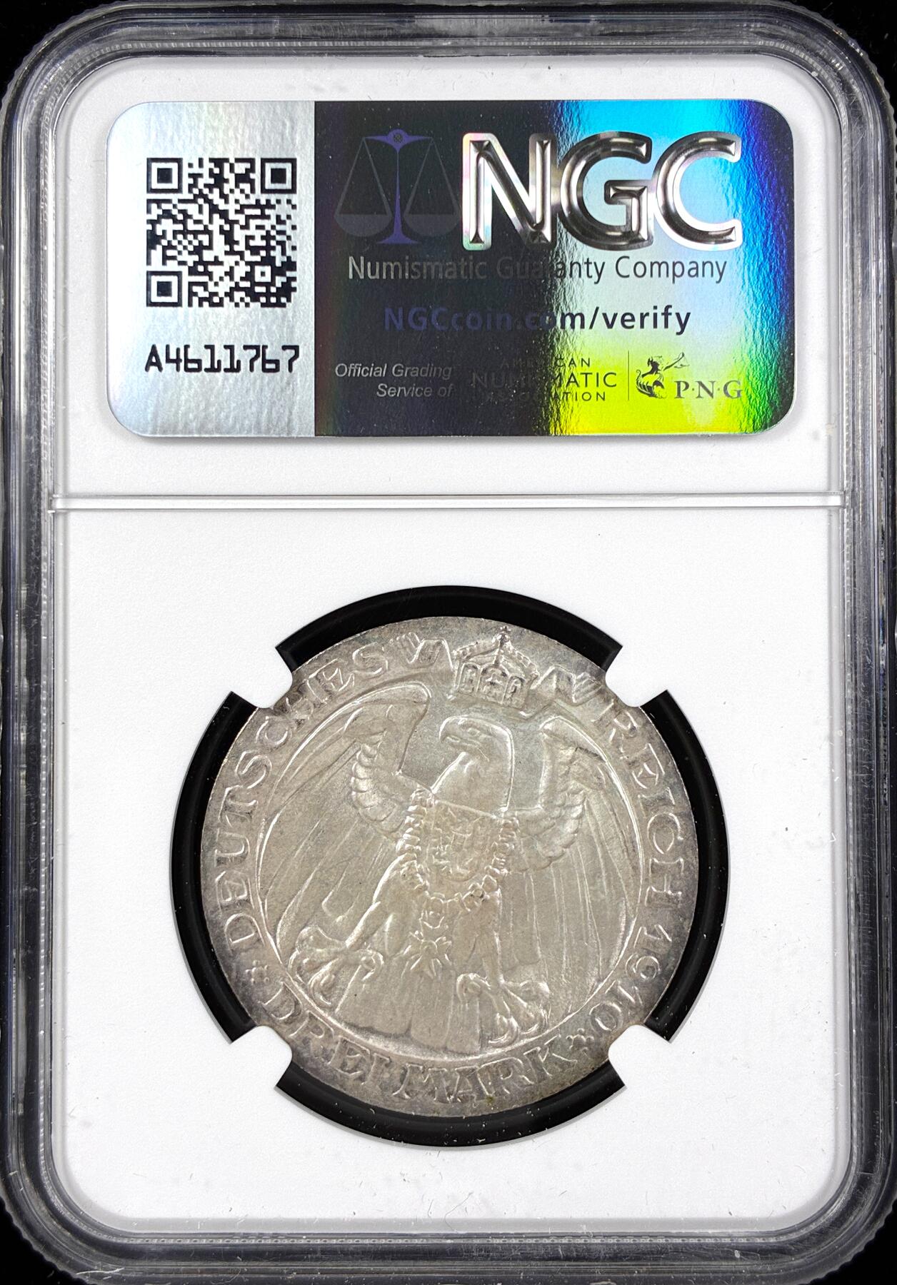 【雨安】【直播拍卖】【第0124期-评级币章】2026-01-17 周六 19:30 [评级德国] Germany 德国 帝国 普鲁士 3马克 (1910) 柏林大学 1910年  NGC-MS61