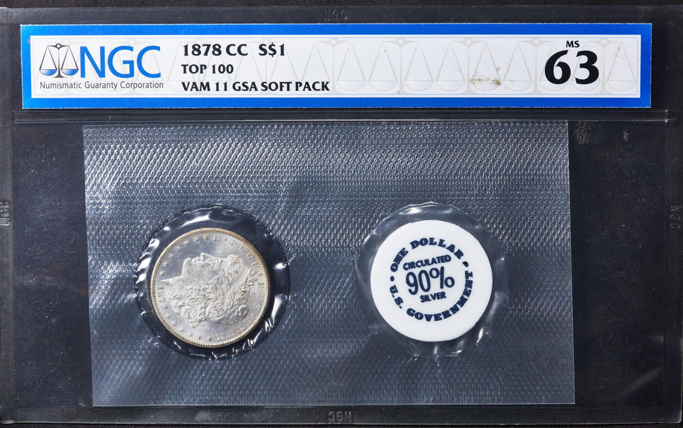 【俄甄集藏】“万象更新、马呈祥瑞”迎新春俄甄精品场-2026年(047)01-21 星期三 晚 19:30 全场包邮 美国1878年CC版卡森厂摩根1美元大银币，NGC MS63，早期原册封装，首年版，类精制底板，转光品相，少见品种