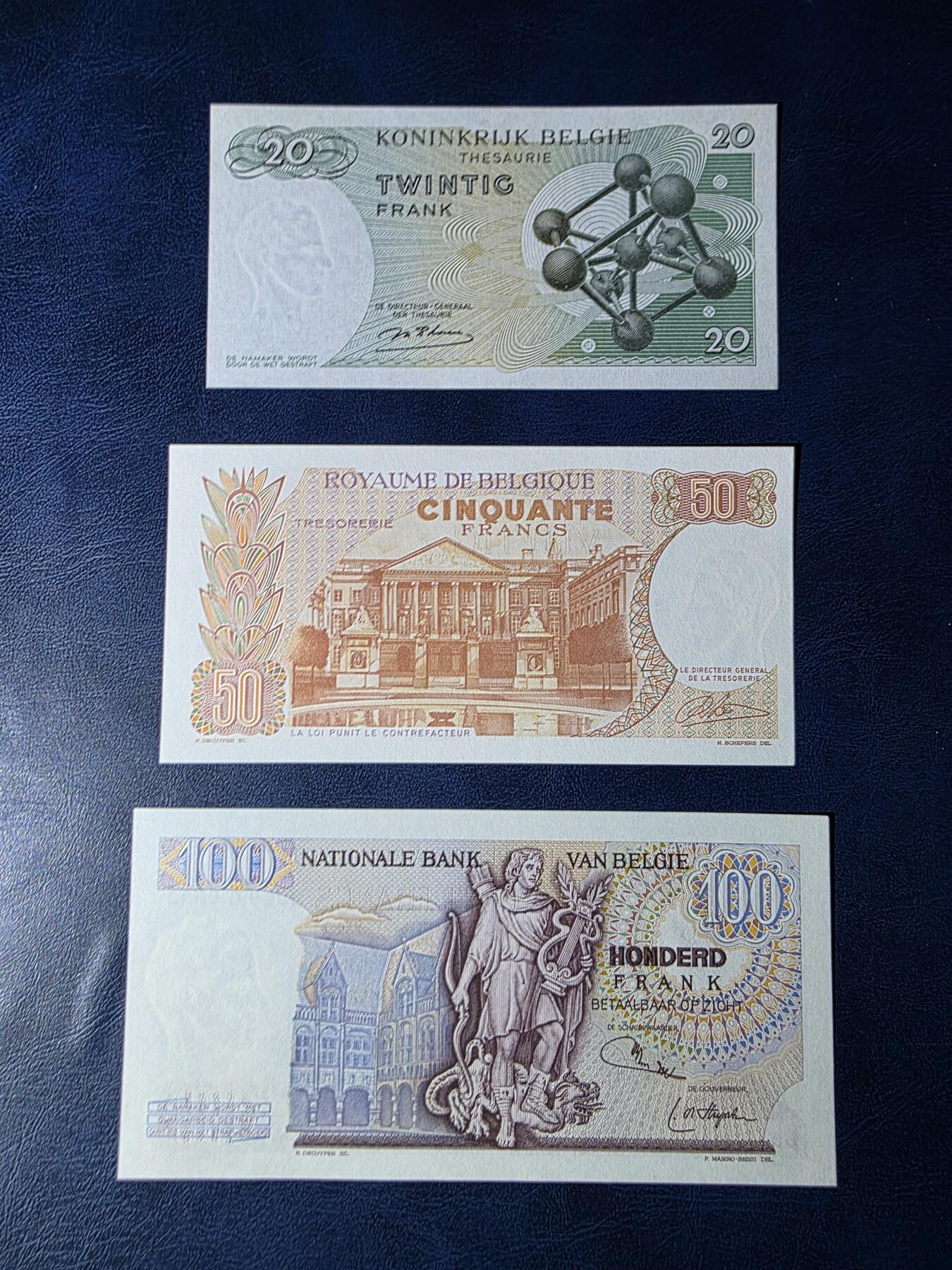 叁拾收藏第34期 比利时倒三版  小面值3张  UNC（20法郎荧光下有斑）