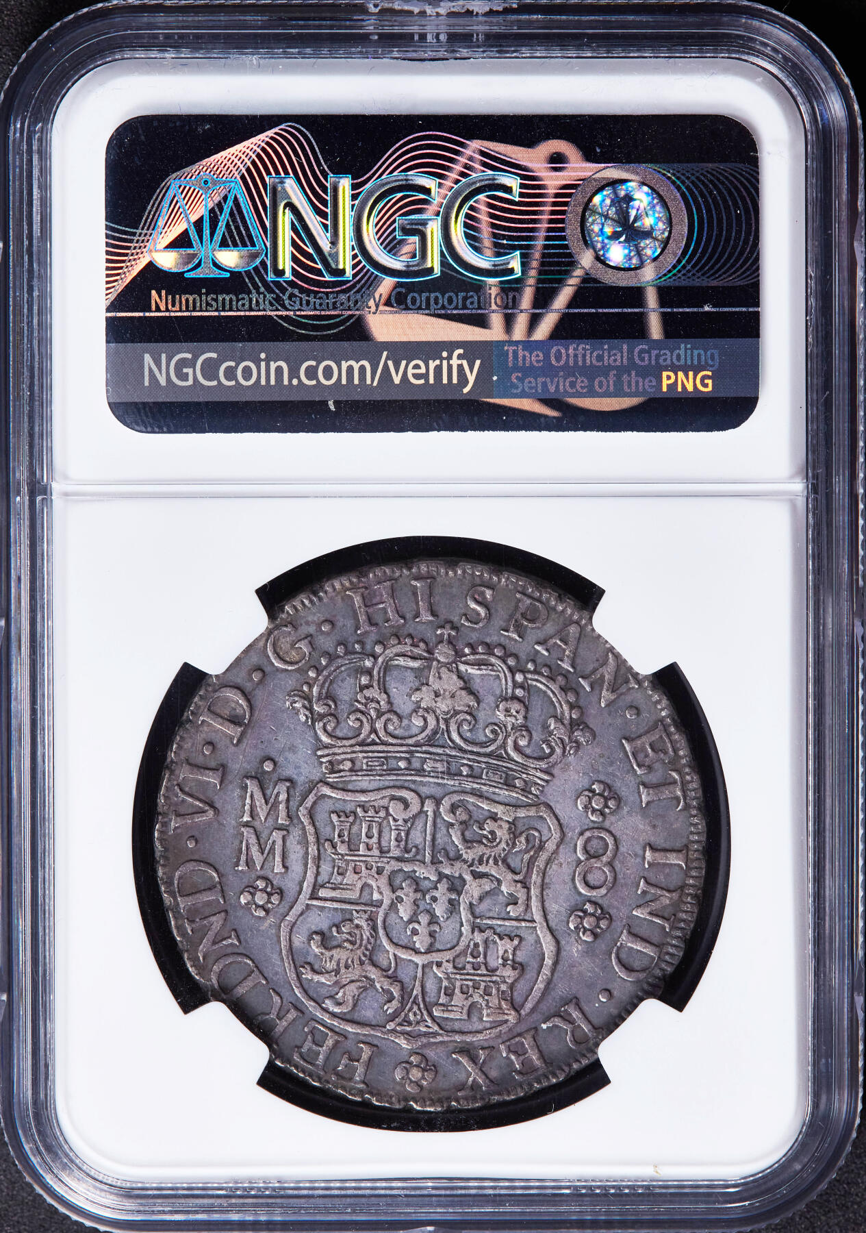 【俄甄集藏】“万象更新、马呈祥瑞”迎新春俄甄精品场-2026年(047)01-21 星期三 晚 19:30 全场包邮 西属墨西哥1759年费尔南多六世末年Mo MM版8里亚尔双柱地球大银币，NGC AU53，酱彩老包浆，状态深沉，味道佳