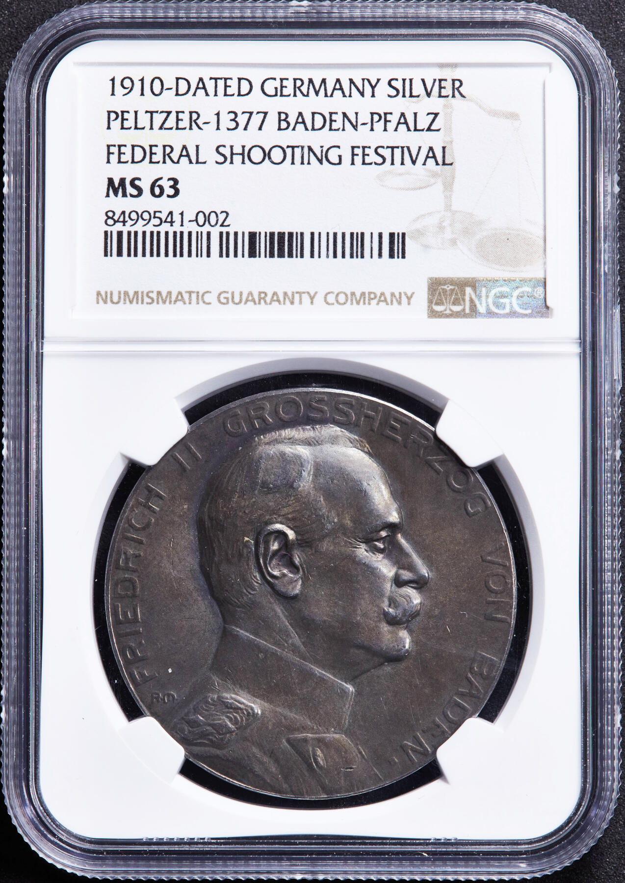 【俄甄集藏】“万象更新、马呈祥瑞”迎新春俄甄精品场-2026年(047)01-21 星期三 晚 19:30 全场包邮 德国巴登1910年弗里德里希二世大公头像纪念普法尔茨-中莱茵联邦射击节银章，NGC MS63，酱彩包浆，状态极佳