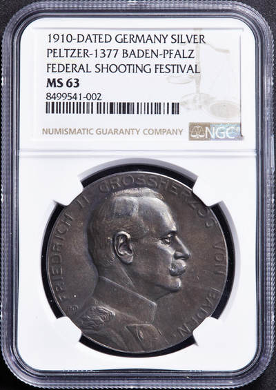 【俄甄集藏】“万象更新、马呈祥瑞”迎新春俄甄精品场-2026年(047)01-21 星期三 晚 19:30 全场包邮 - 德国巴登1910年弗里德里希二世大公头像纪念普法尔茨-中莱茵联邦射击节银章，NGC MS63，酱彩包浆，状态极佳