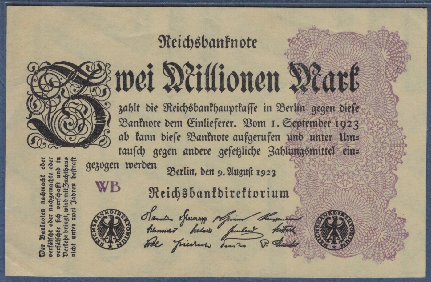 德国1923年200万(2000000)马克 P-104a E型水印(星纹内的G/D字母) 实物图 近九品