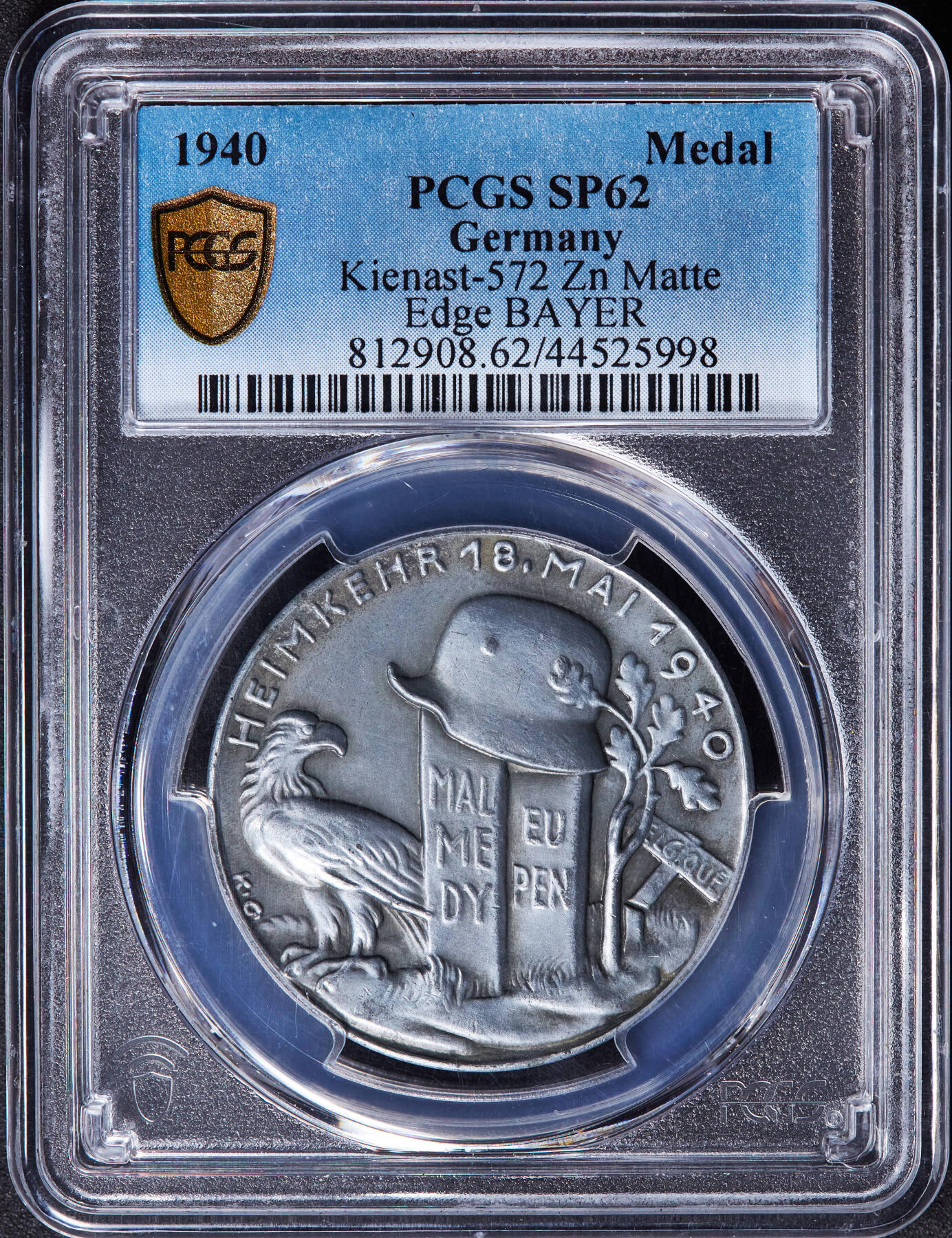 【俄甄集藏】“万象更新、马呈祥瑞”迎新春俄甄精品场-2026年(047)01-21 星期三 晚 19:30 全场包邮 德国第三帝国1940年纪念1920年反抗欧本和马尔梅迪非法全民公决锌章，PCGS SP62，磨砂底板，卡尔·哥茨名品，稀少品种，冠军分，原图联系客服或者查询相关官网查看