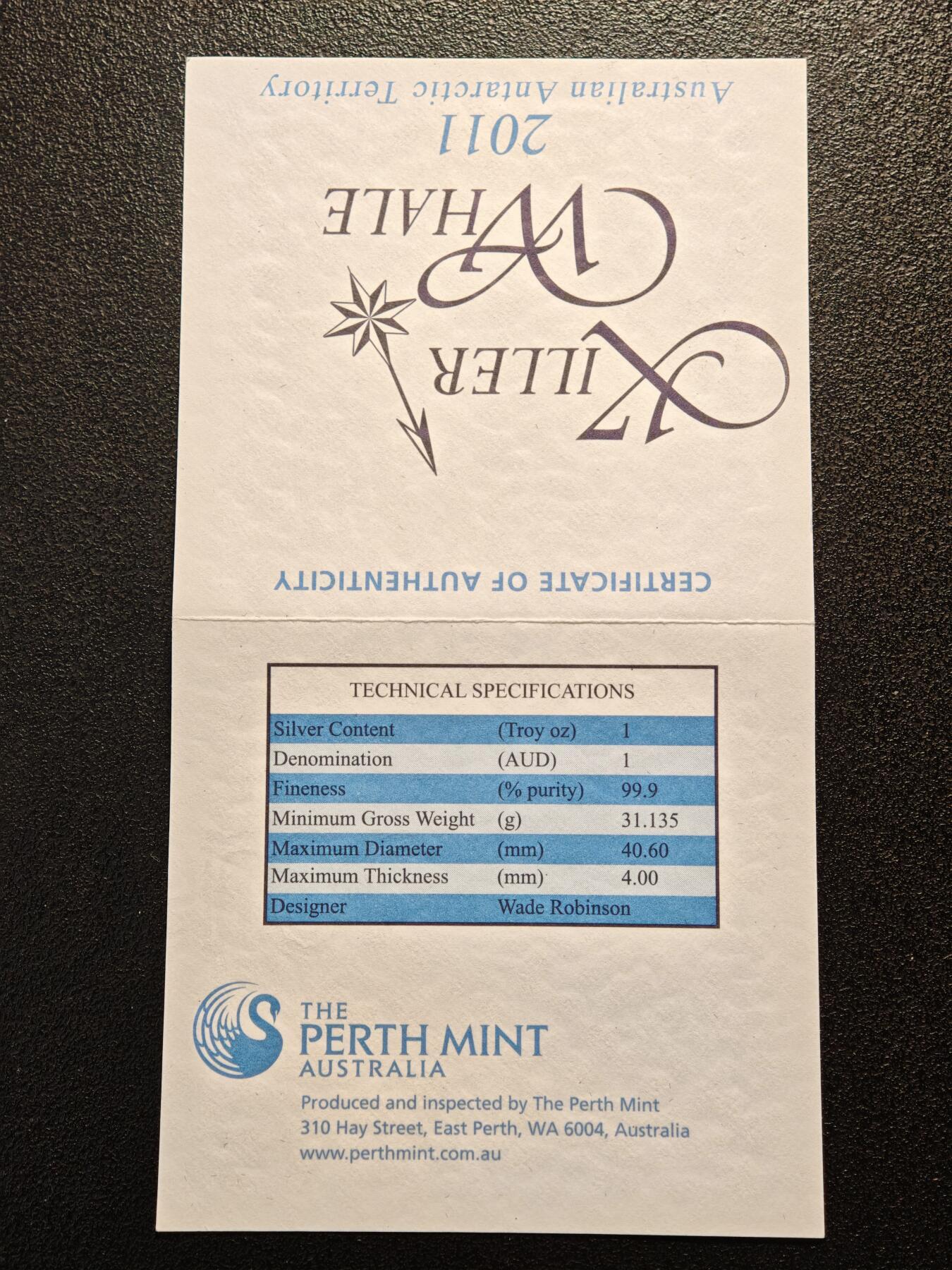 【德藏】世界币章拍卖第162期（拍品征集中~欢迎藏友联系） 2011年 澳大利亚极地系列-虎鲸彩色精制纪念银币 直径约：40.6mm；重约：31.135g 999银 原盒 原证书