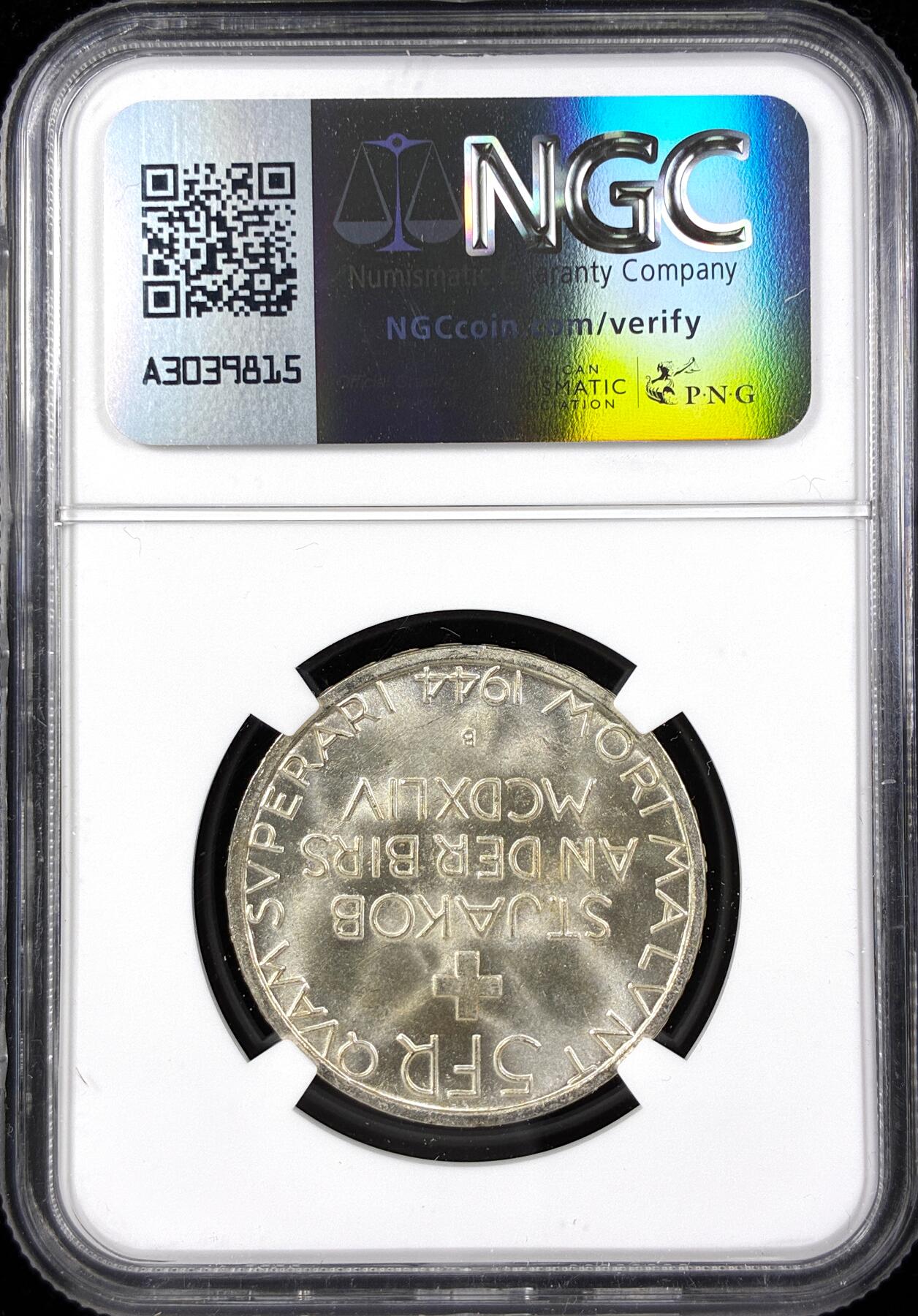 【雨安】【直播拍卖】【第0124期-评级币章】2026-01-17 周六 19:30 [评级欧洲] Switzerland 瑞士 5法郎 1944年 圣雅各布比尔斯战役 KM# 45  NGC-MS66