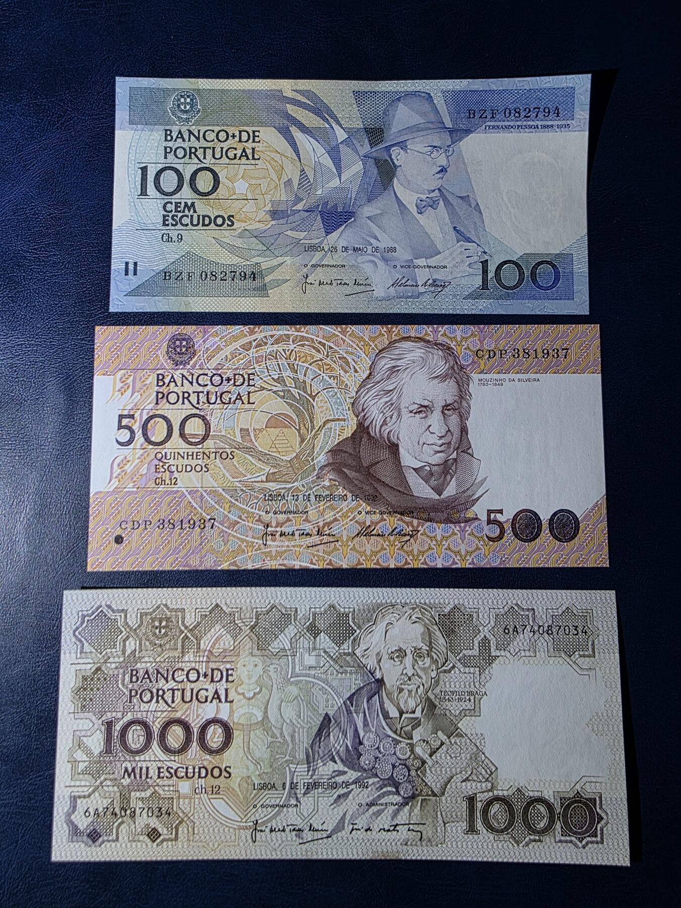 叁拾收藏第34期 葡萄牙 100.500.1000  埃斯库多  3张  UNC