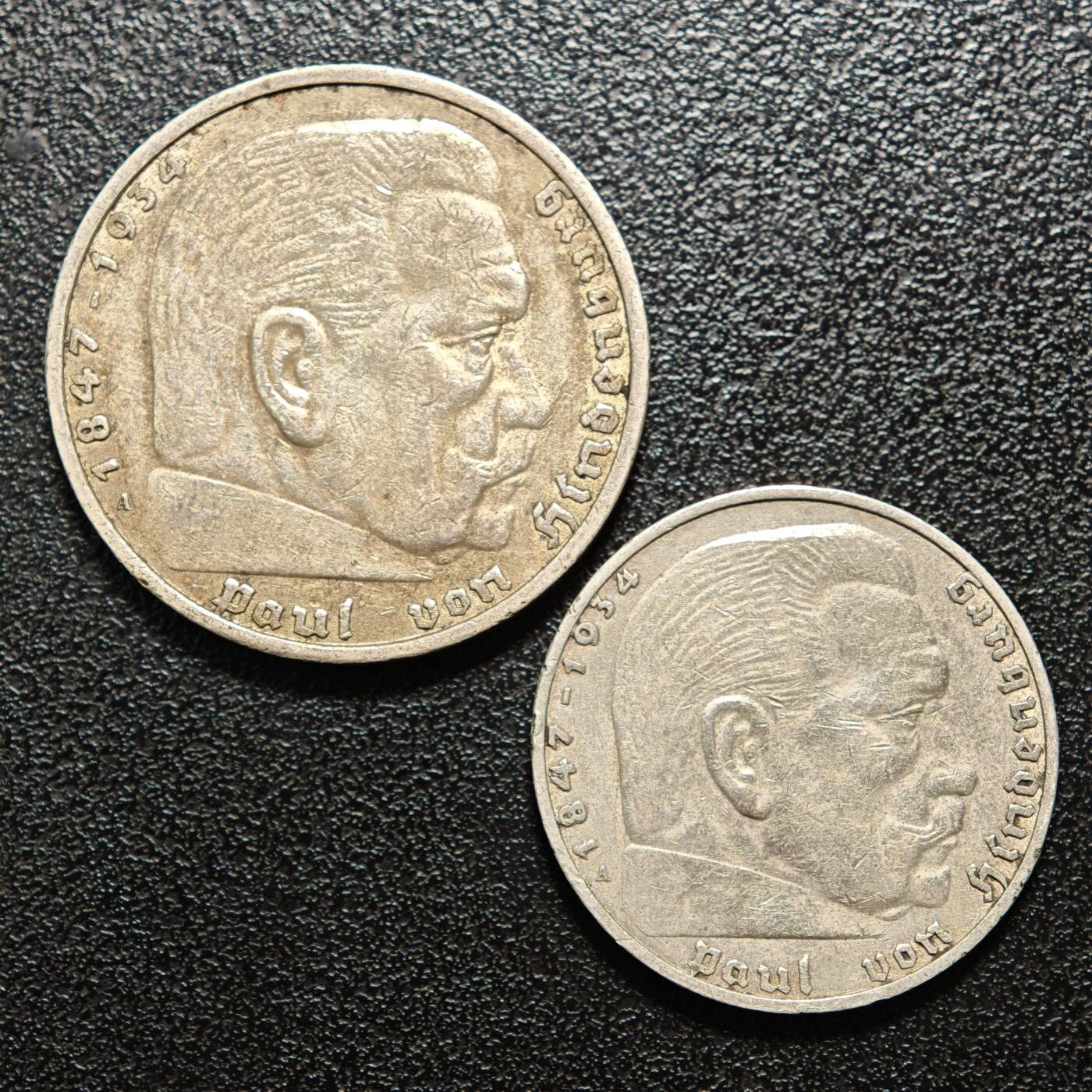 【德藏】世界币章拍卖第162期（拍品征集中~欢迎藏友联系） 2枚一组 1936年 德国兴登堡5马克银币 及 1938年 德国兴登堡2马克银币 （原图请联系客服）