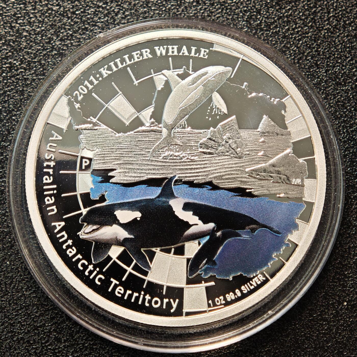 【德藏】世界币章拍卖第162期（拍品征集中~欢迎藏友联系） 2011年 澳大利亚极地系列-虎鲸彩色精制纪念银币 直径约：40.6mm；重约：31.135g 999银 原盒 原证书