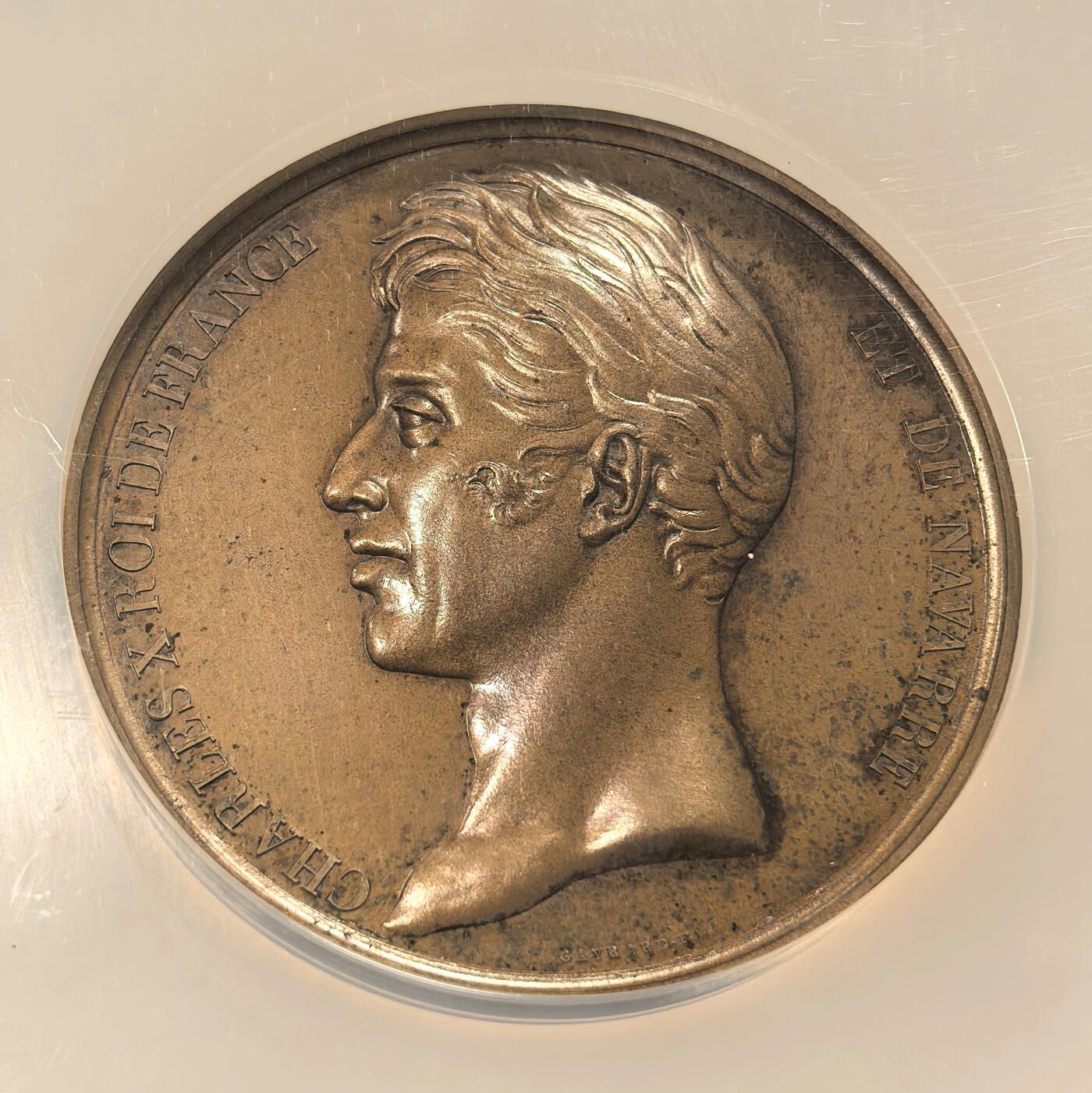 博洋堂世界钱币拍卖第157期（全场包邮） NGC MS62 法国1829年查理重建下议院纪念大铜章，50mm大尺寸，极其少见的下议院建筑风景构图。