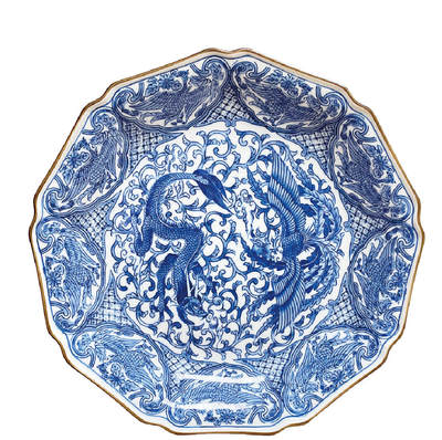 上海拍卖行2025年秋季古董珍玩拍卖会 - 日本萩烧窑青花龙凤盘(直径:30cm,原装盒)