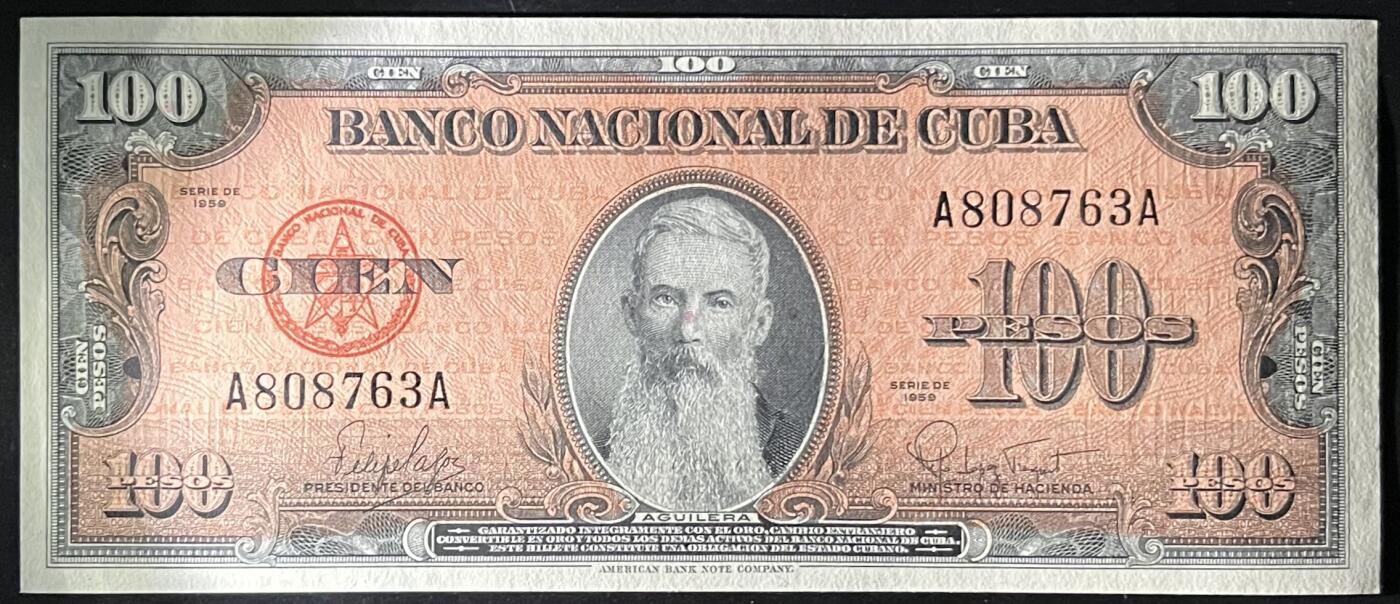 小福收藏拍卖第199期 裸钞场 本期有多张豹子号靓号 瑞士1000法郎 经典提香 毛里求斯首发年大全套 白俄罗斯5000000卢布 苏里南10000盾  爱沙尼亚  苏丹 西班牙 保加利亚 古巴等多国精美纸币 古巴 1959年 100比索 A-A unc