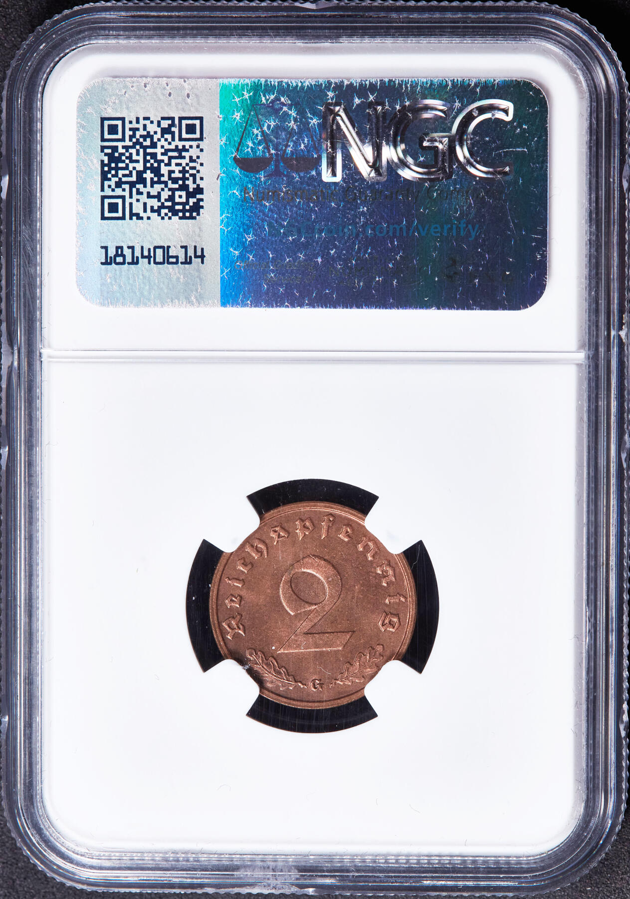 【俄甄集藏】“万象更新、马呈祥瑞”迎新春俄甄精品场-2026年(047)01-21 星期三 晚 19:30 全场包邮 德国第三帝国1939年G版2芬尼铜币，NGC MS64RB，原铜色转光品相，原图联系客服或者查询相关官网查看