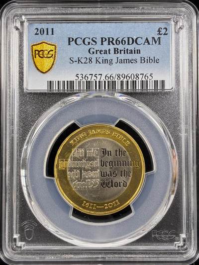 【雨安】【直播拍卖】【第0124期-评级币章】2026-01-17 周六 19:30 - [评级现代] Great Britain 英国 2镑 2011年 英王詹姆斯译本圣经 PCGS-PR66DCAM 精制币