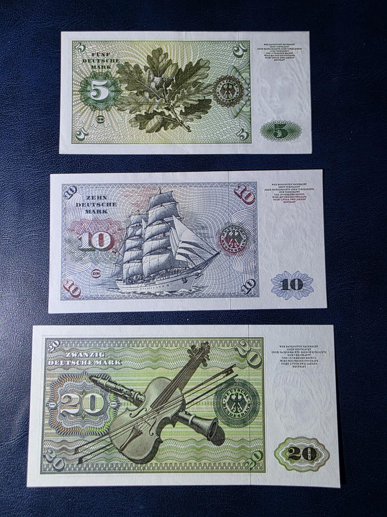 叁拾收藏第34期 德国倒二版3张  UNC（5马克为AU）