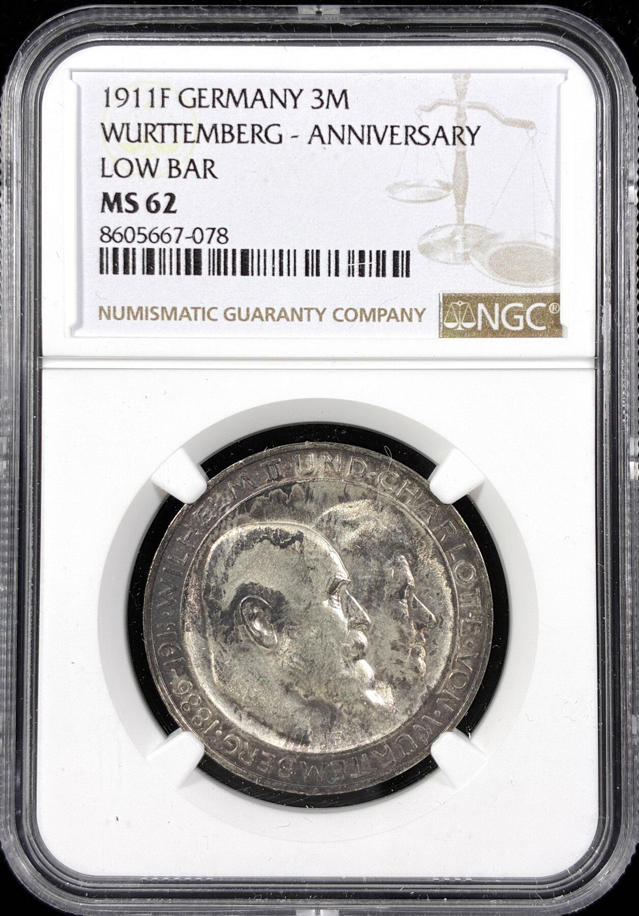 【雨安】【直播拍卖】【第0124期-评级币章】2026-01-17 周六 19:30 [评级德国] Germany 德国 帝国 符腾堡 3马克 (1911) 银婚 1911年  NGC-MS62