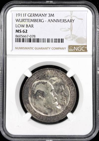 【雨安】【直播拍卖】【第0124期-评级币章】2026-01-17 周六 19:30 - [评级德国] Germany 德国 帝国 符腾堡 3马克 (1911) 银婚 1911年  NGC-MS62