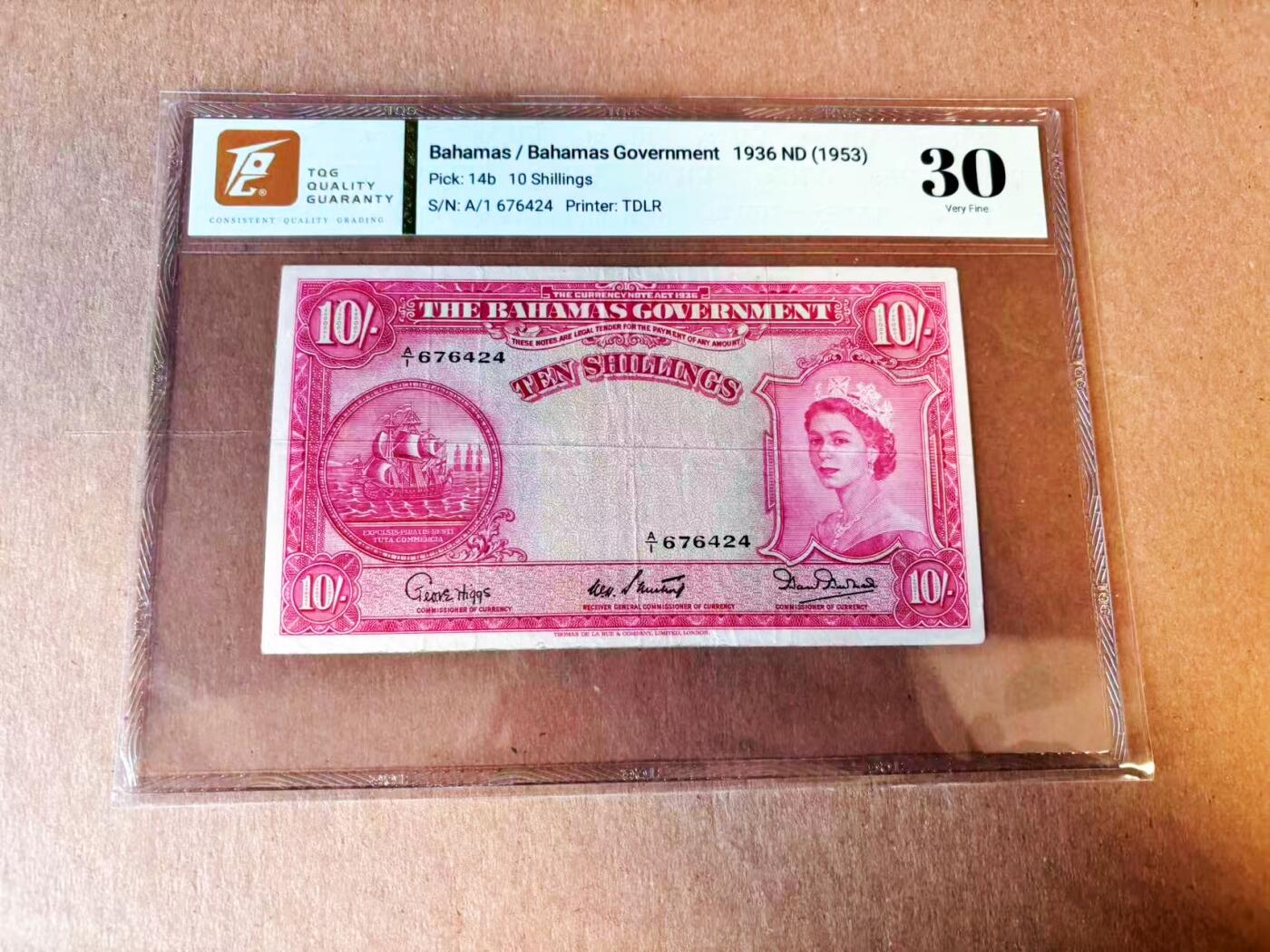【Blue Auction】世界纸币精拍第776期——18级TOP拍卖/信誉/品质/专业/高效💫 【A/1冠 b版】巴哈马 1953年10先令 大冠女王 TQG30