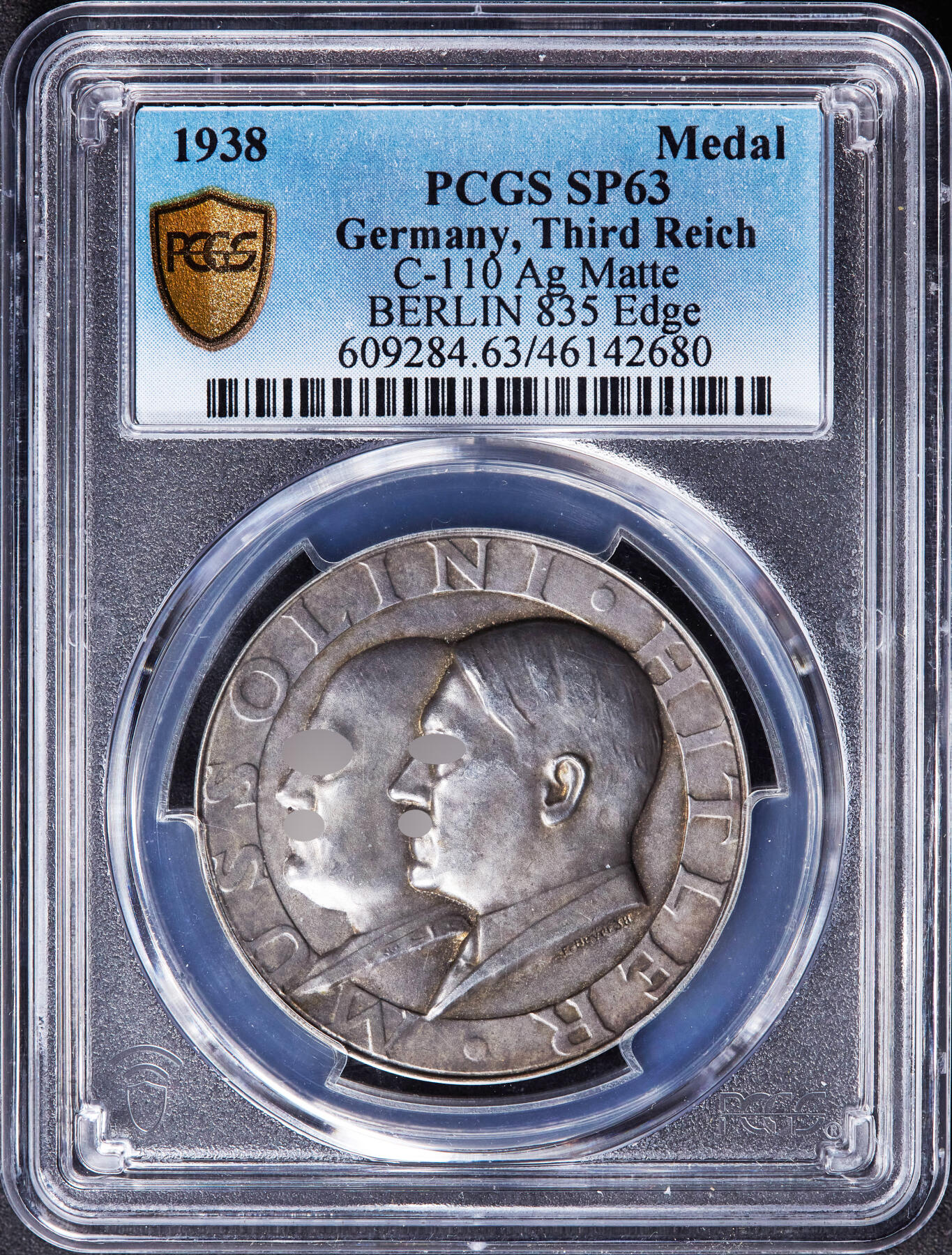 【俄甄集藏】“万象更新、马呈祥瑞”迎新春俄甄精品场-2026年(047)01-21 星期三 晚 19:30 全场包邮 德国第三帝国1938年德国总理与意大利墨索里尼互访首都纪念银章，PCGS SP63，高浮雕名誉品种，原图联系客服或者查询相关官网查看