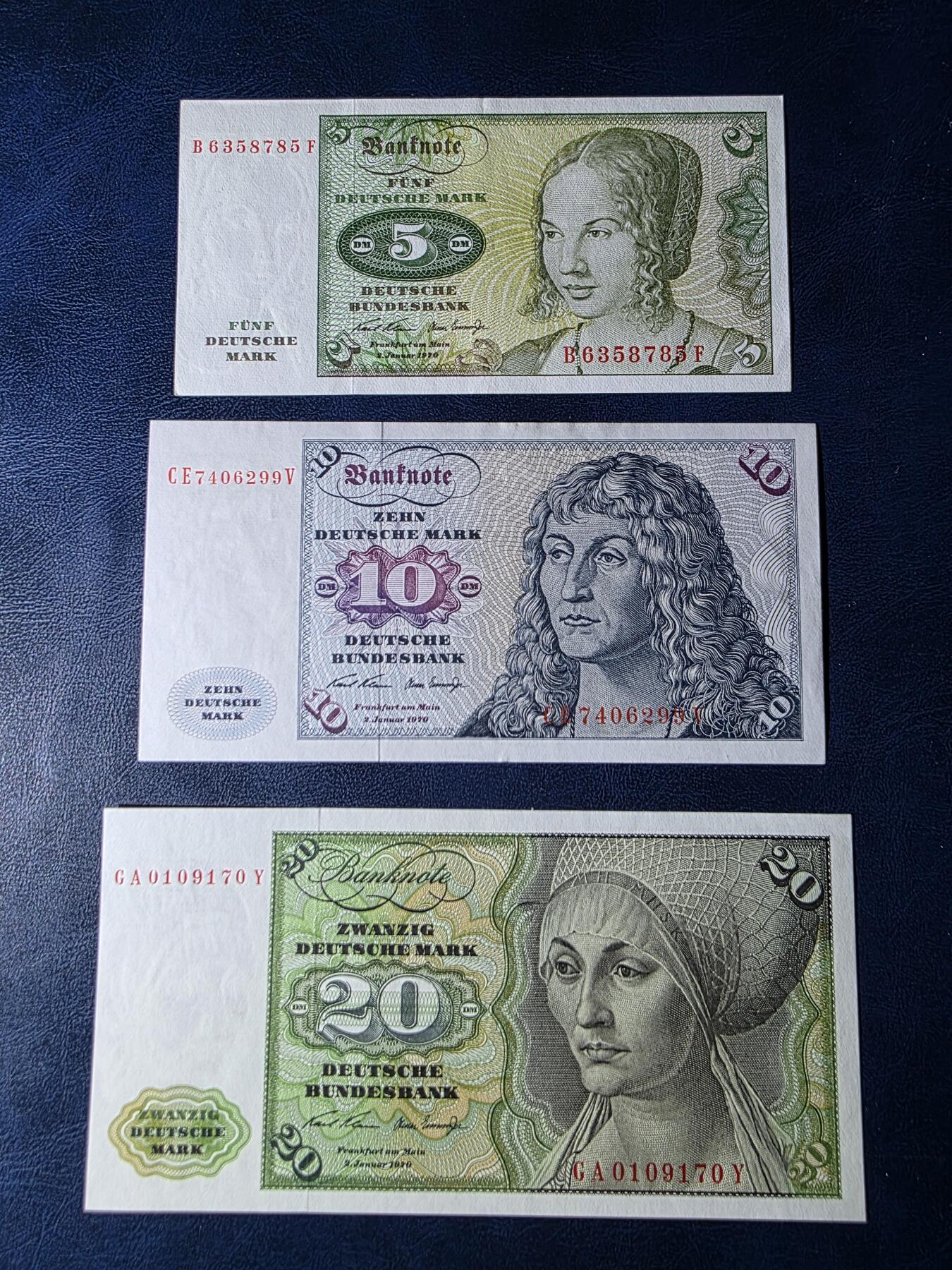 叁拾收藏第34期 德国倒二版3张  UNC（5马克为AU）