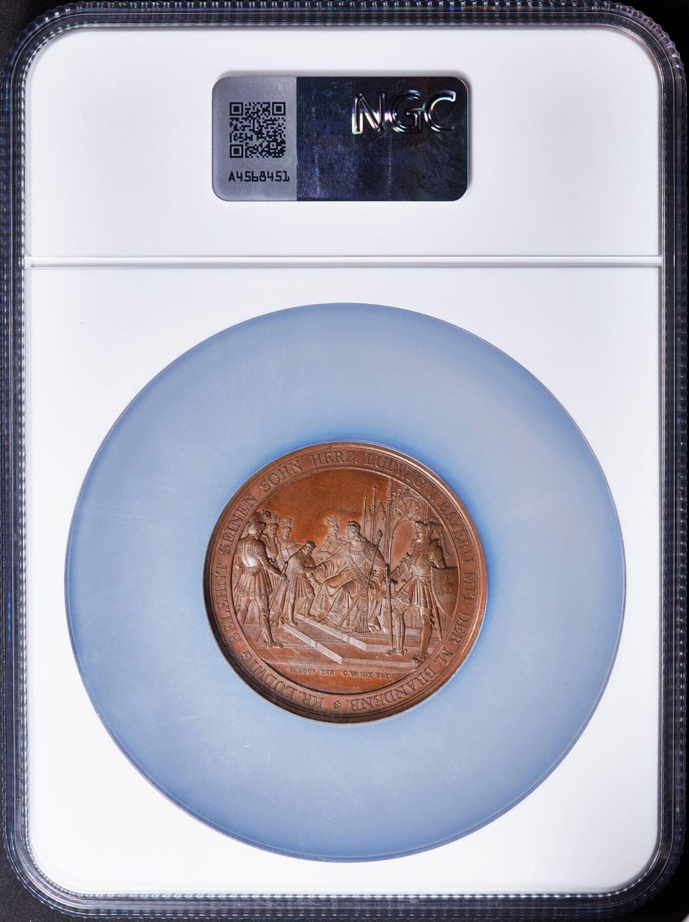 【俄甄集藏】“万象更新、马呈祥瑞”迎新春俄甄精品场-2026年(047)01-21 星期三 晚 19:30 全场包邮 德国1850年历史人物系列-勃兰登堡-拜罗伊姆边区伯爵路德维希·勃兰登堡大铜章，NGC MS64，高浮雕，巧克力包浆，顶级状态，名家Loos作品，类精制底板