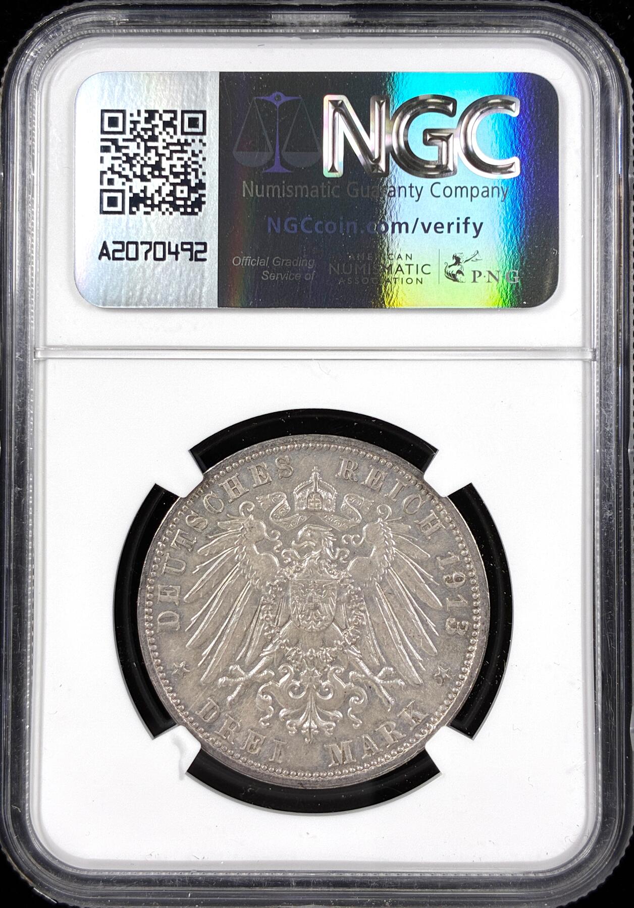 【雨安】【直播拍卖】【第0124期-评级币章】2026-01-17 周六 19:30 [评级德国] Germany 德国 帝国 萨克森 3马克 (1913) 莱比锡建功碑 1913年  NGC-UNC