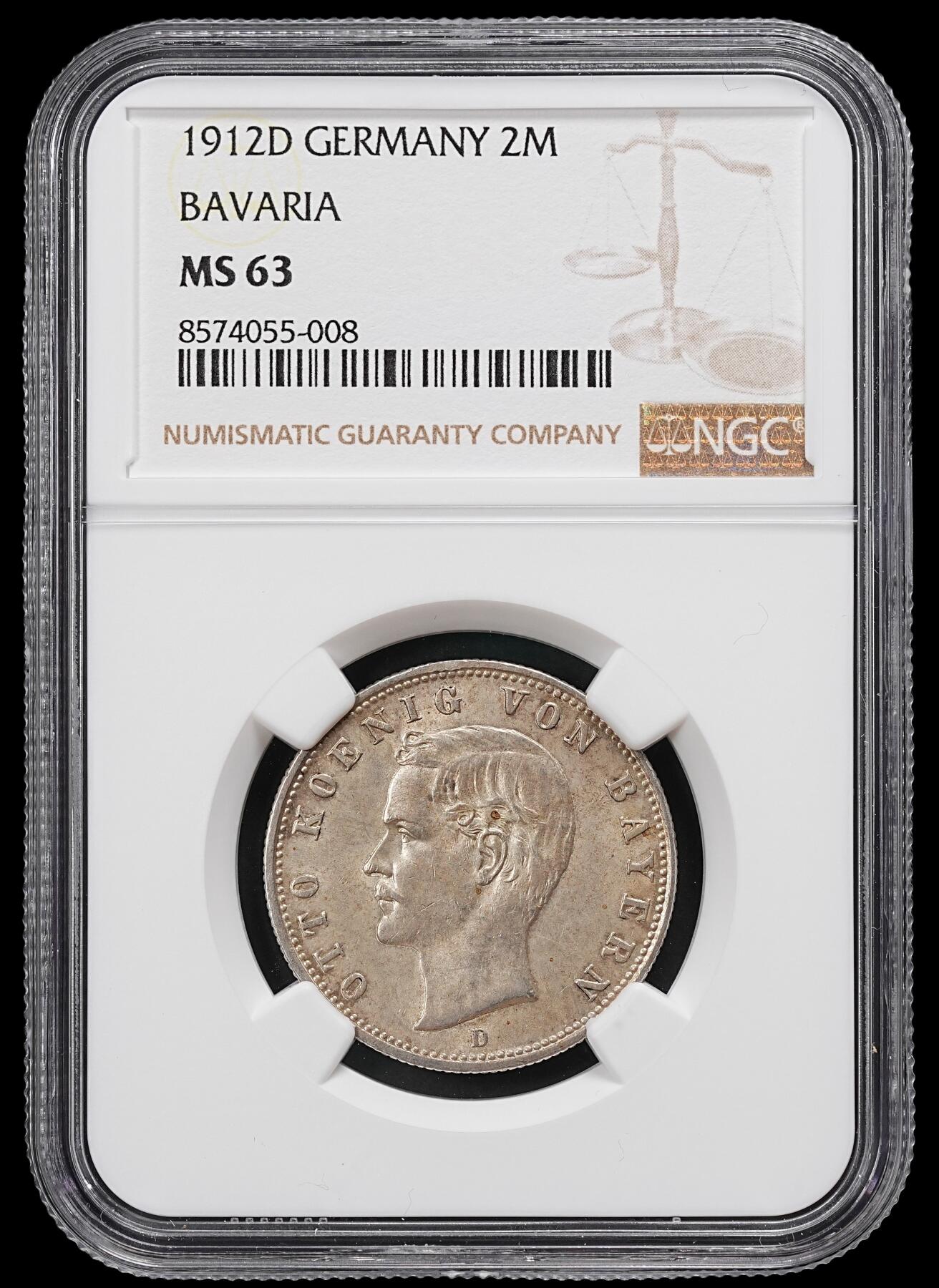 修遠堂世界钱币第101期 NGC MS63 1912年巴伐利亚2马克银币 稀少的年份，书价高