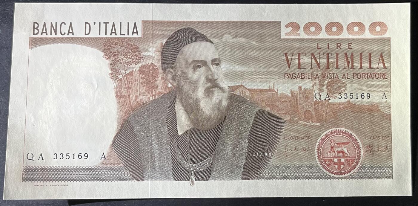 小福收藏拍卖第199期 裸钞场 本期有多张豹子号靓号 瑞士1000法郎 经典提香 毛里求斯首发年大全套 白俄罗斯5000000卢布 苏里南10000盾  爱沙尼亚  苏丹 西班牙 保加利亚 古巴等多国精美纸币 意大利 1975年 20000里拉 经典提香 无47 角有油痕 unc-