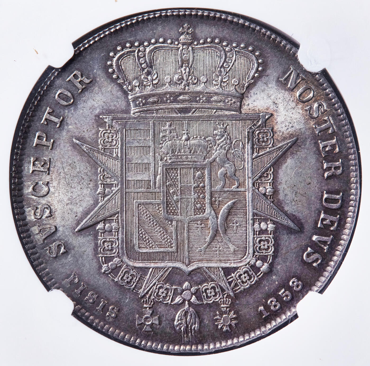 【俄甄集藏】“万象更新、马呈祥瑞”迎新春俄甄精品场-2026年(047)01-21 星期三 晚 19:30 全场包邮 意大利托斯卡纳大公国1858年利奥波德二世4菲奥里尼大银币，NGC MS63+，酱彩老包浆，原光品相，经典品种