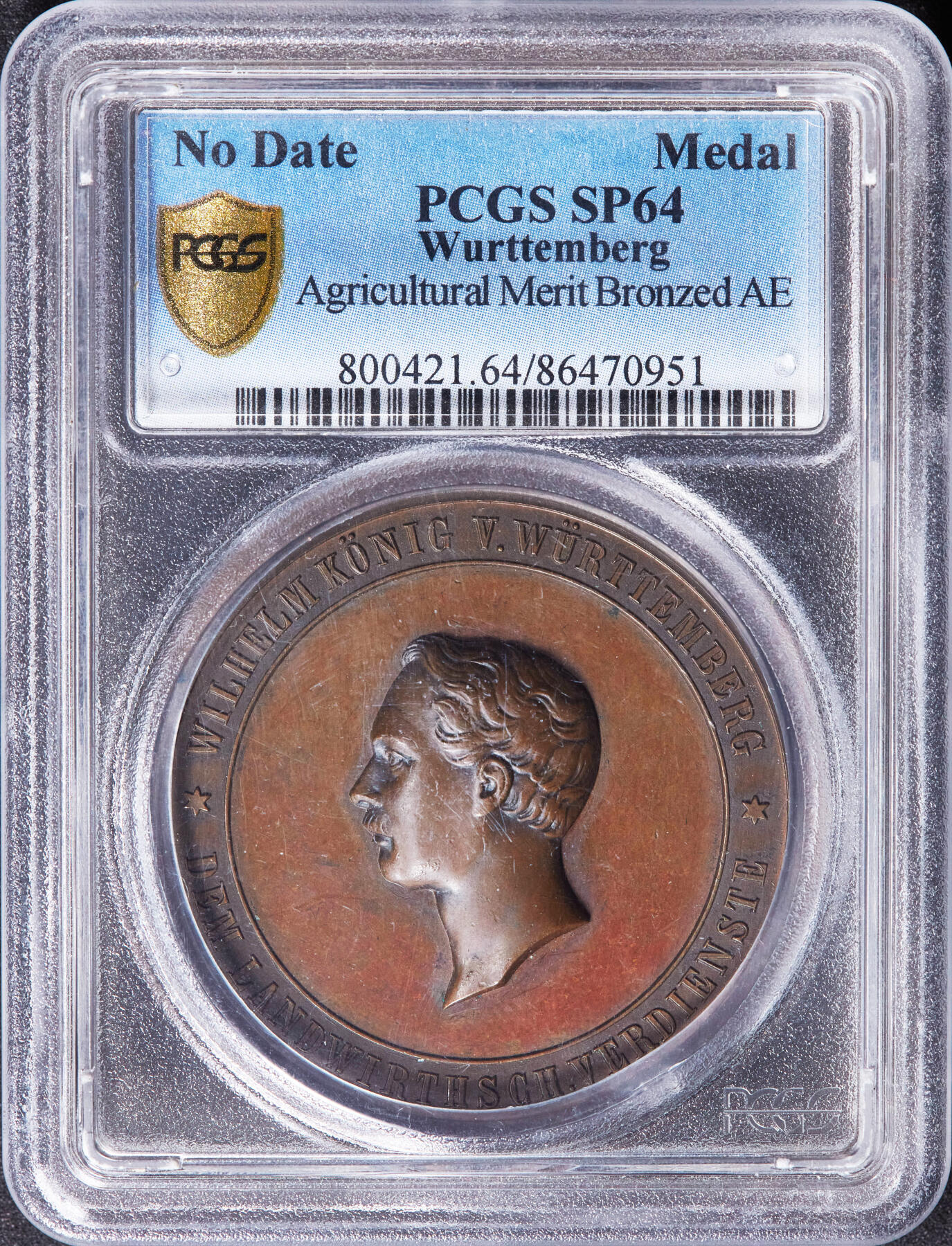 【俄甄集藏】“万象更新、马呈祥瑞”迎新春俄甄精品场-2026年(047)01-21 星期三 晚 19:30 全场包邮 德国符腾堡1816-1864年农业功绩铜质奖章，PCGS SP64，巧克力包浆，高浮雕，唯一冠军分数，设计华丽，少见品种