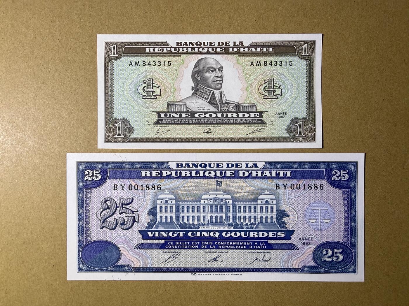 《艾美收藏》第229期-1.18周日外币荟萃 海地1、25古德2张 UNC 90年代老版本