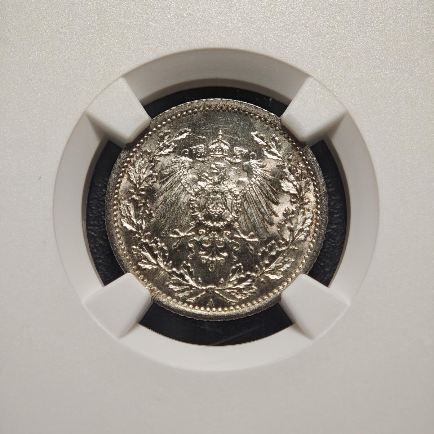 【德藏】世界币章拍卖第162期（拍品征集中~欢迎藏友联系） 1914年 德国1/2马克银币 NGC MS67 原光极强 状态极佳