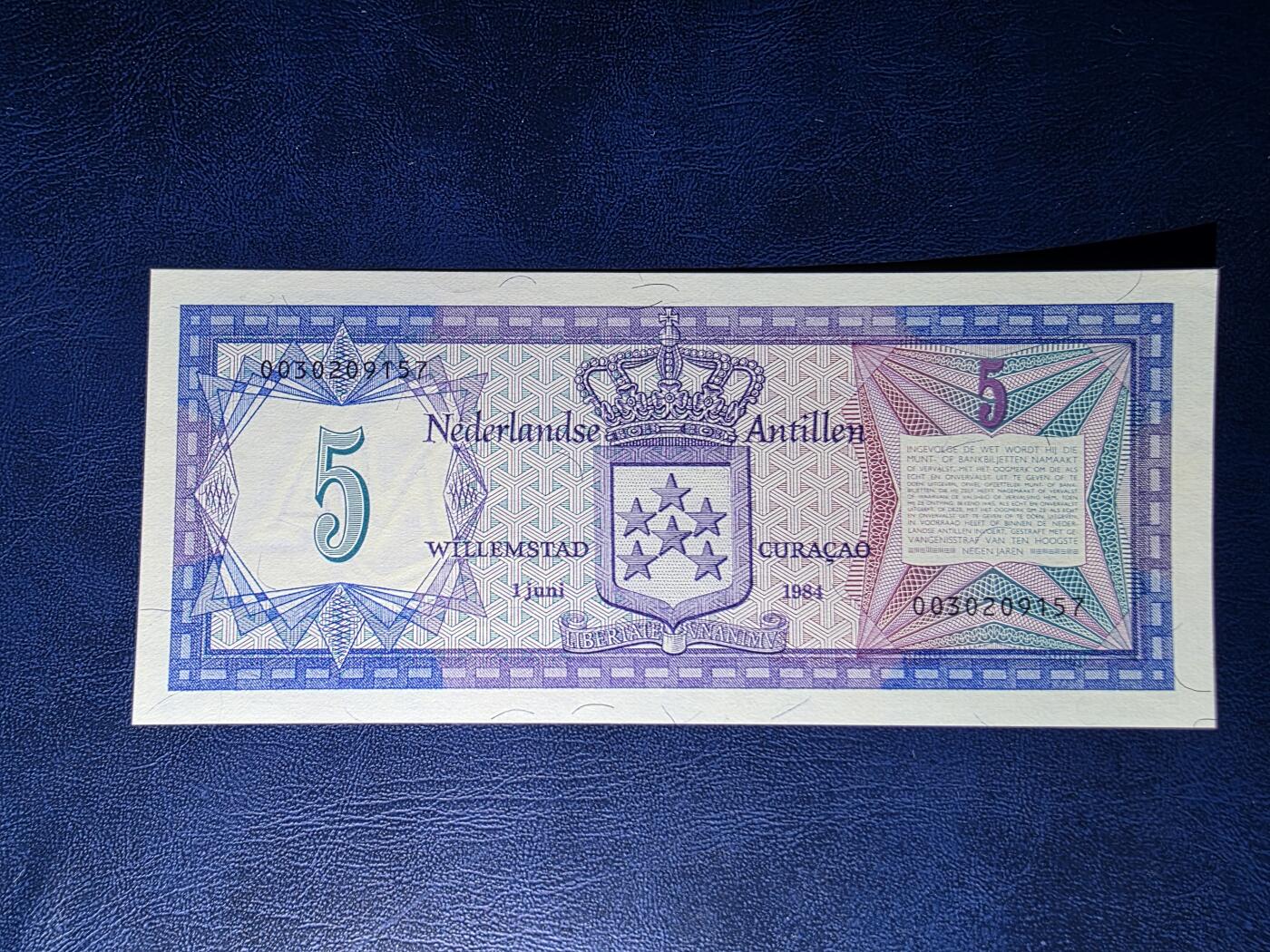 叁拾收藏第34期 安的列斯1984年5盾  UNC