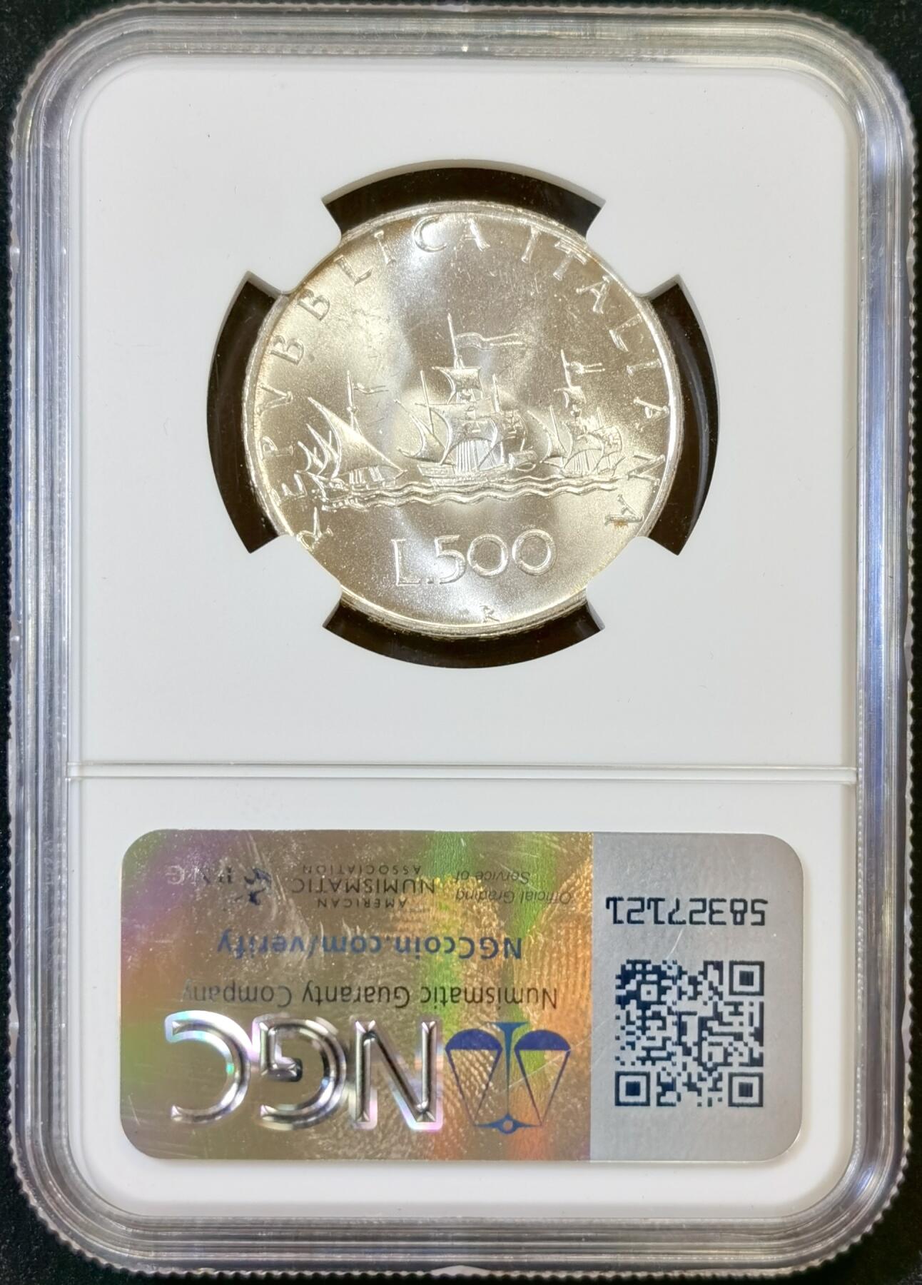 甄臻铺-世界币章拍卖（第48期）精品场拍品征集中，送拍享返佣金等优惠多多 NGC-MS64 1967年意大利帆船少女500里拉，卷拆低评