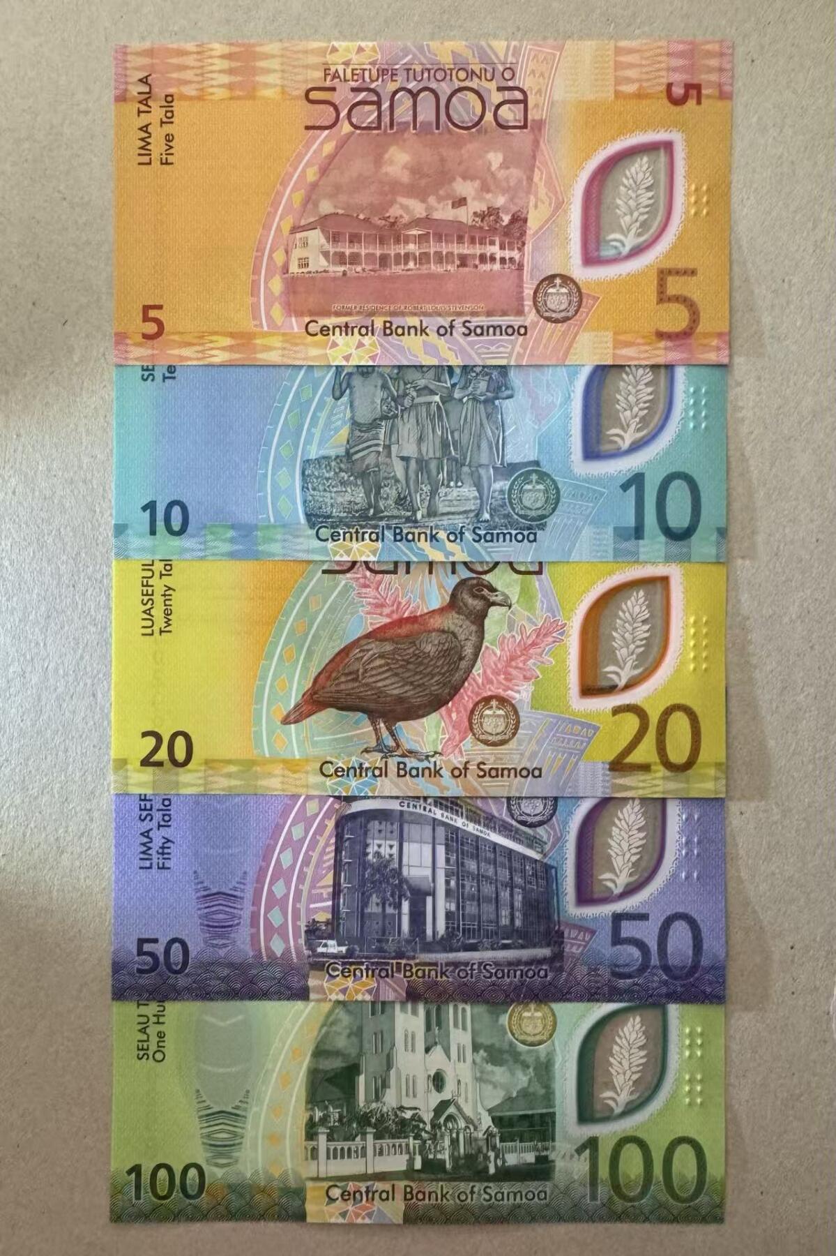 【Blue Auction】世界纸币精拍第776期——18级TOP拍卖/信誉/品质/专业/高效💫 【一组5张首发冠 298全同小号】萨摩亚 新版5-100塔拉 全新UNC