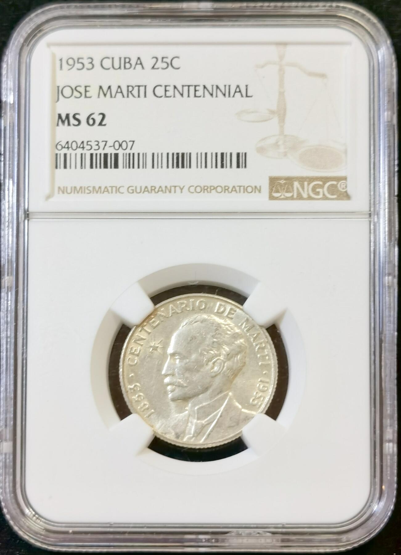 甄臻铺-世界币章拍卖（第48期）精品场拍品征集中，送拍享返佣金等优惠多多 NGC-MS62 1953年古巴何塞马蒂100周年纪念银币，面值25分，少见品种