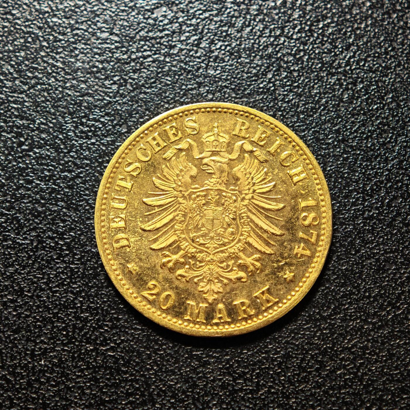 【德藏】世界币章拍卖第162期（拍品征集中~欢迎藏友联系） 1874年(后铸) 德国巴伐利亚20马克金币 含金量：91.56% 直径约：22.5mm；重约：8g