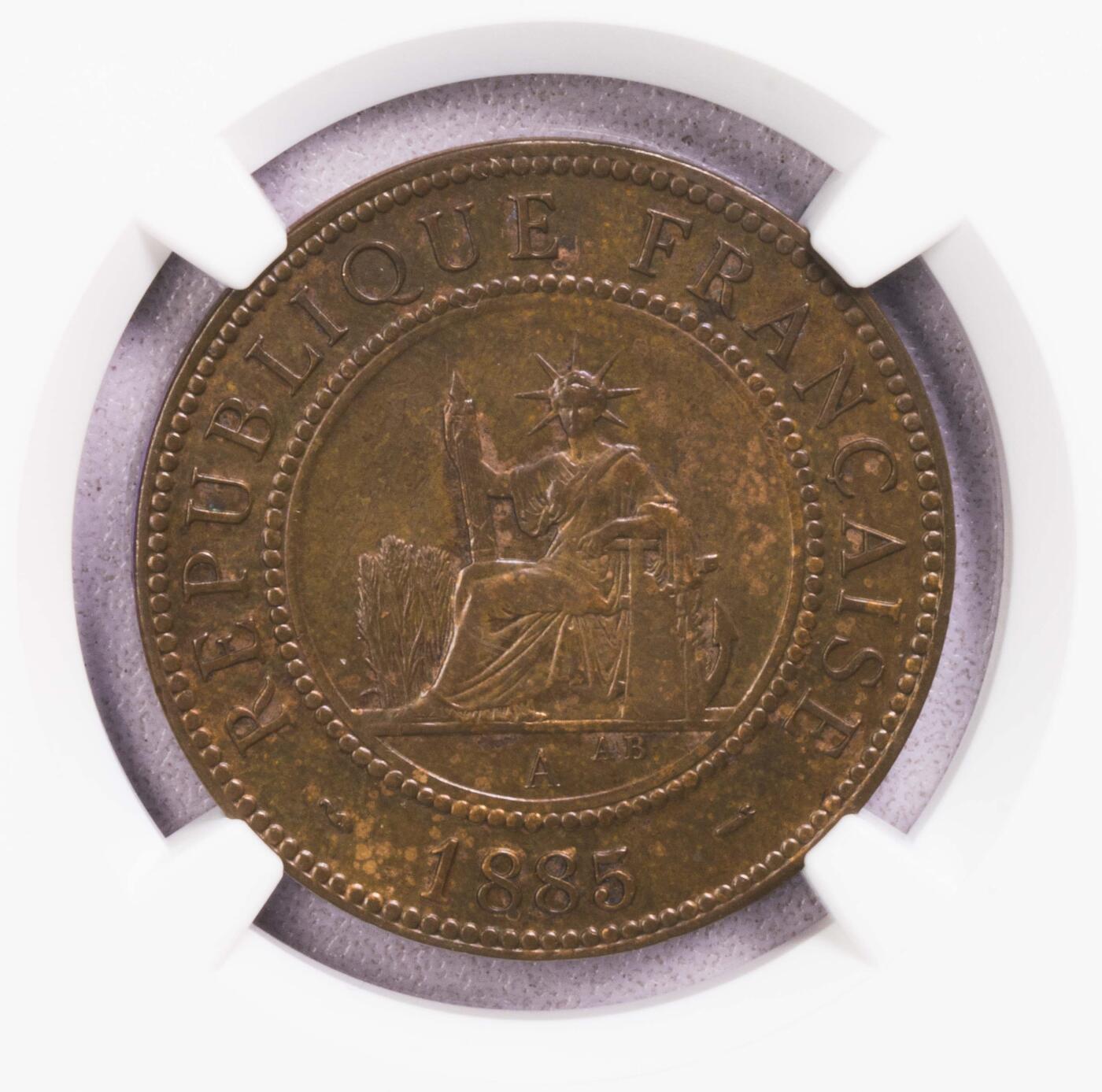 NGC-AU55BN 1885法属交趾支那百分之一铜币 特年